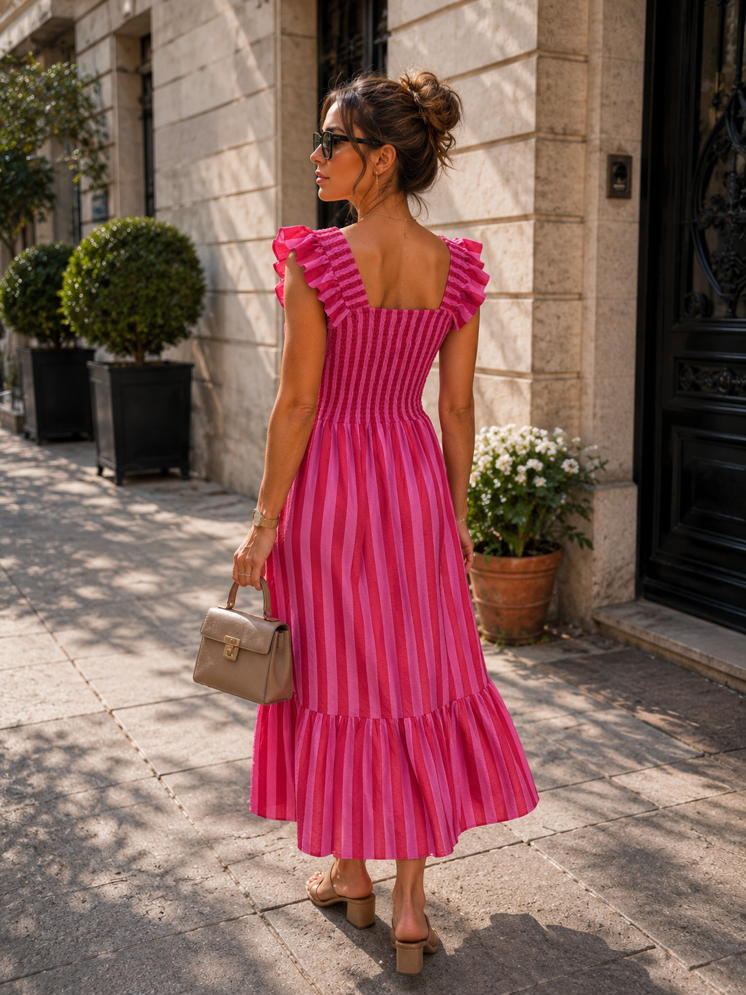 Gestreepte maxi jurk met rushes Noa Fuchsia