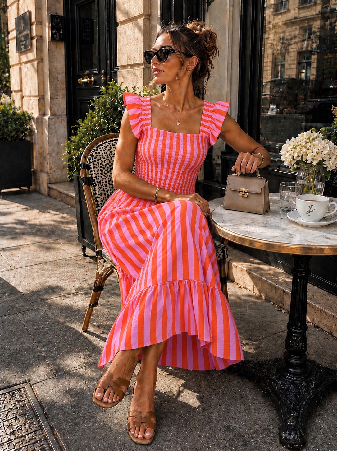 Gestreepte maxi jurk met rushes Noa Oranje