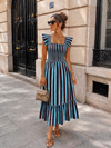 Gestreepte maxi jurk met rushes Noa Blauw/ Bordeaux