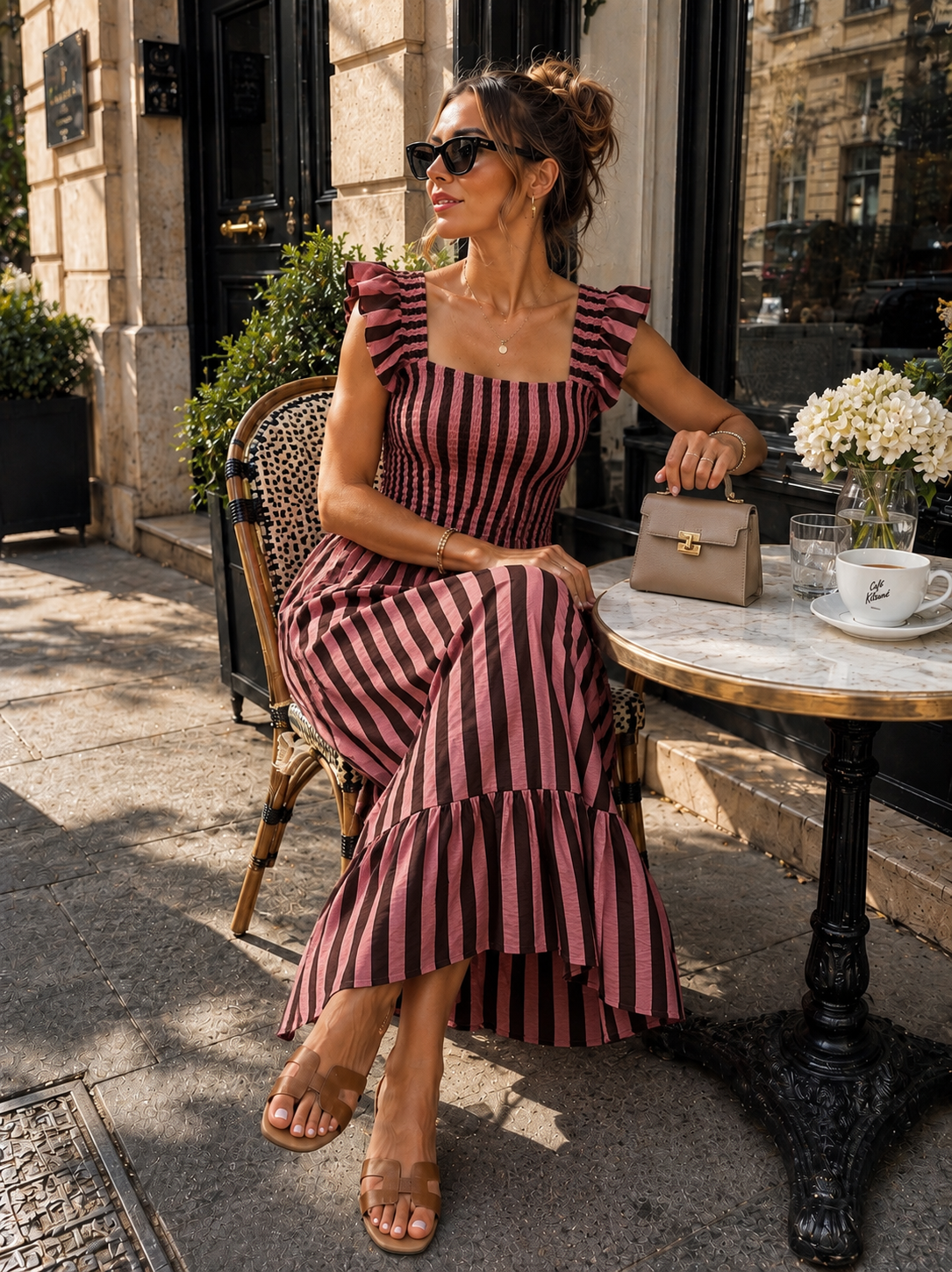 Gestreepte maxi jurk met rushes Noa Bruin/ Roze