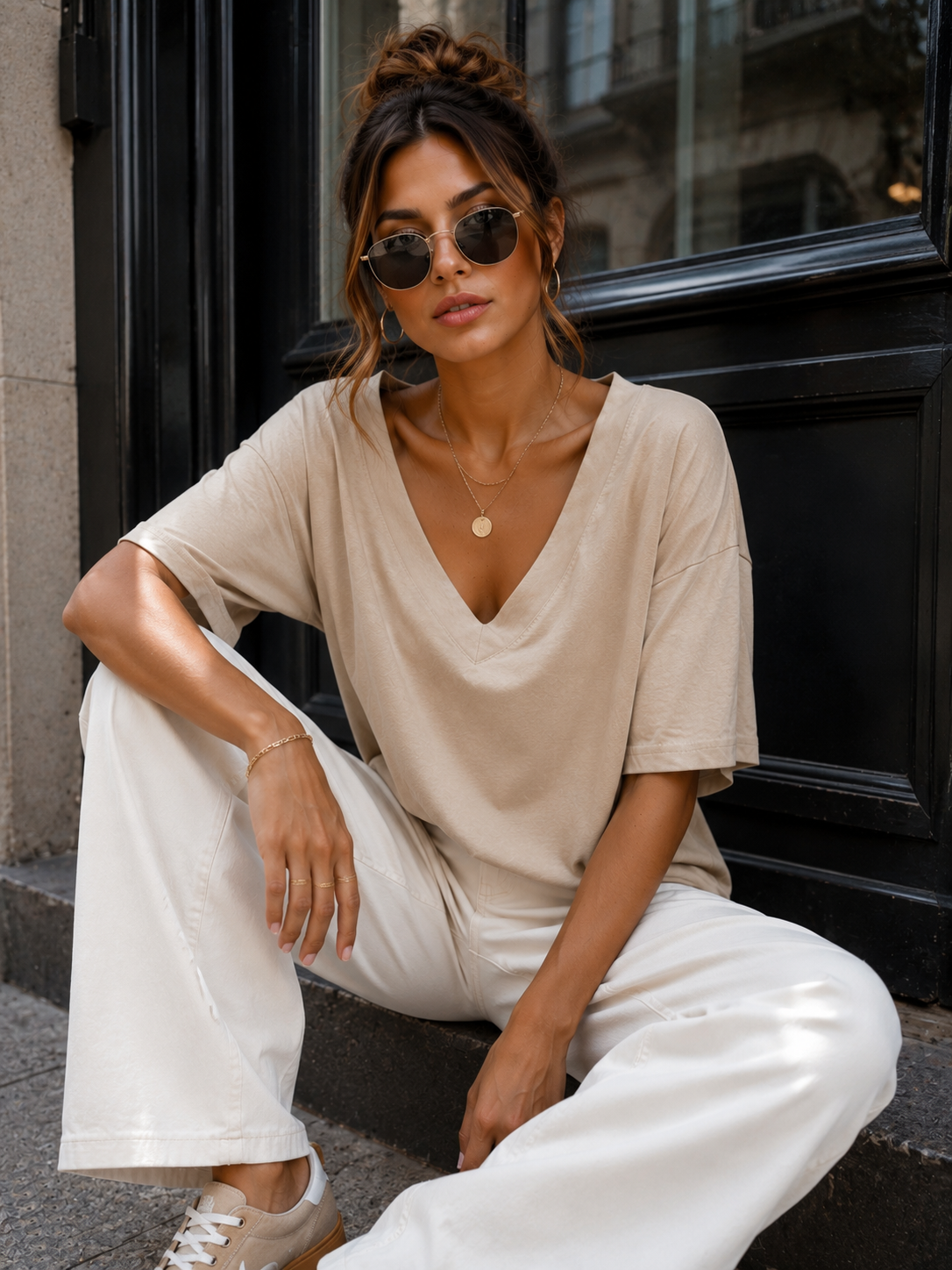 Basic T-shirt V-hals Milly Beige