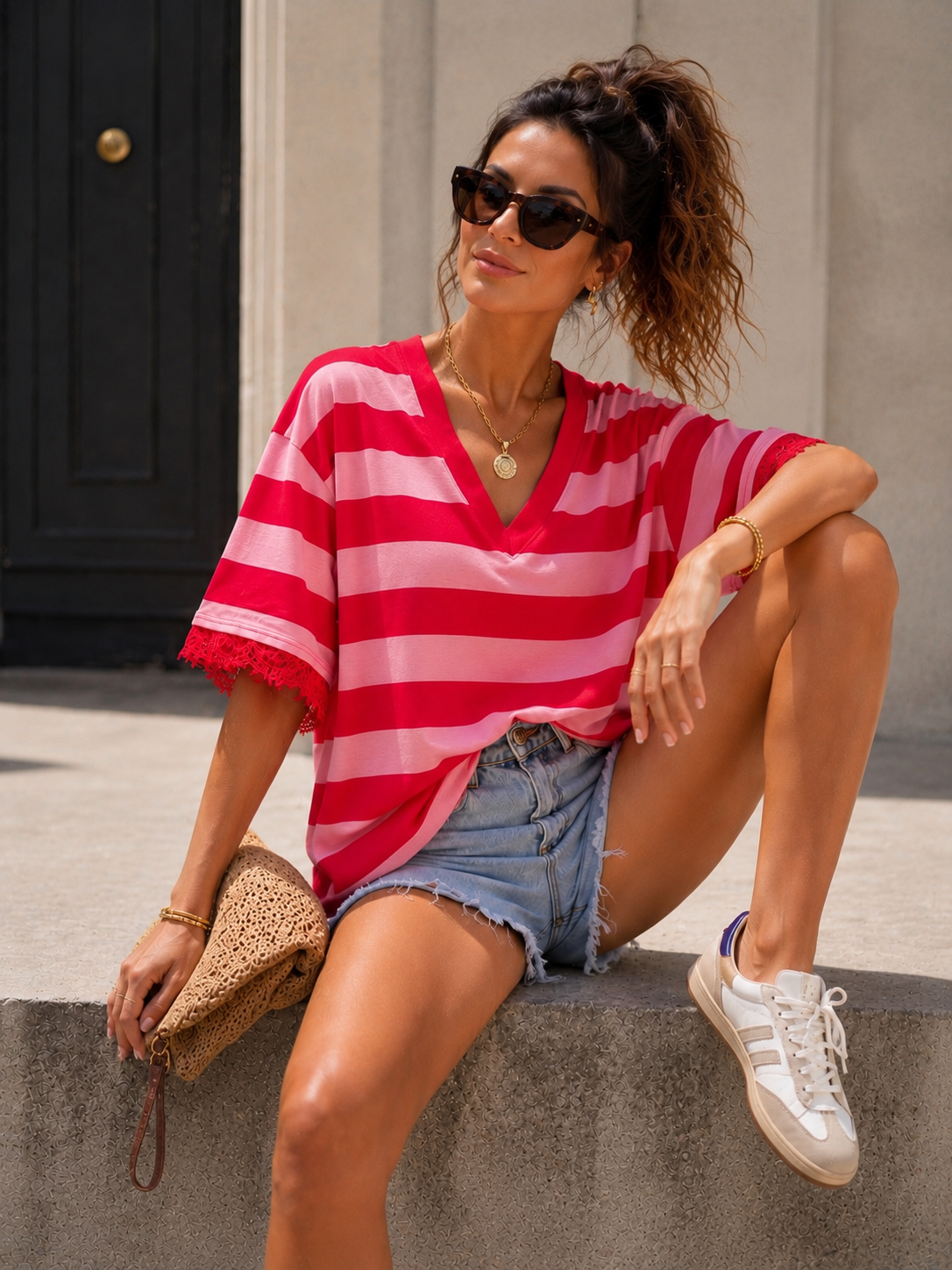 Gestreept T-shirt kanten detail Evie Rood