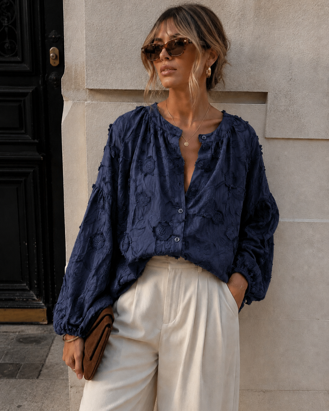 Blouse met bloemen Yade Donkerblauw