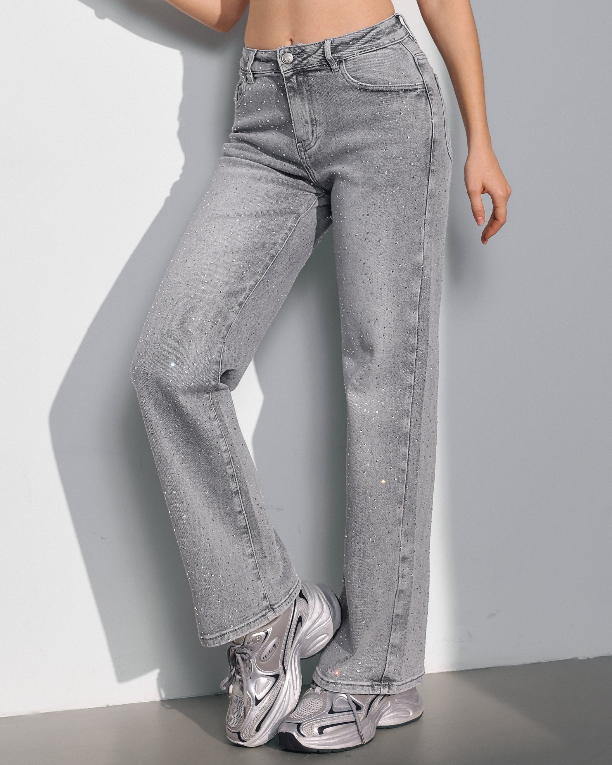 Hello Miss | Wide leg jeans met stras Simone-6 Grijs