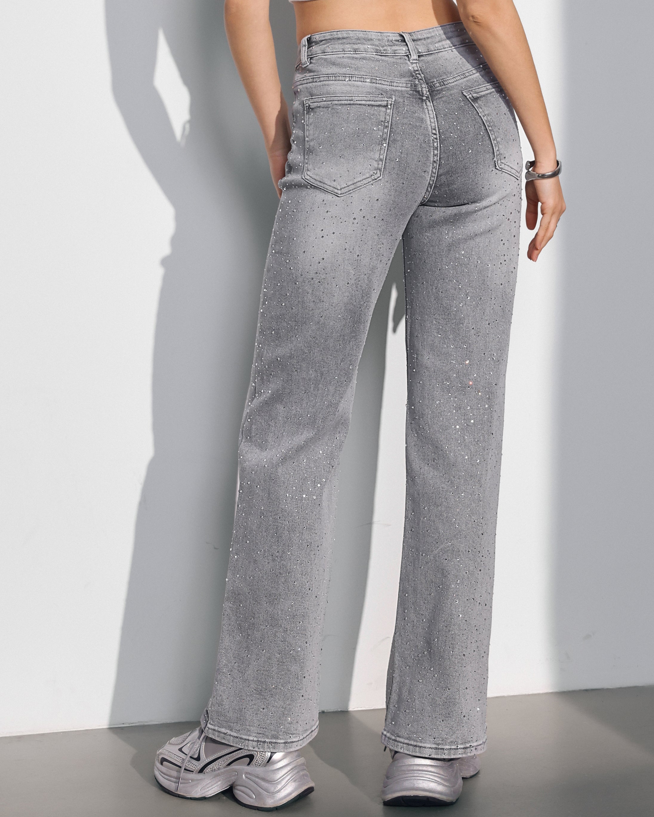 Hello Miss | Wide leg jeans met stras Simone-6 Grijs