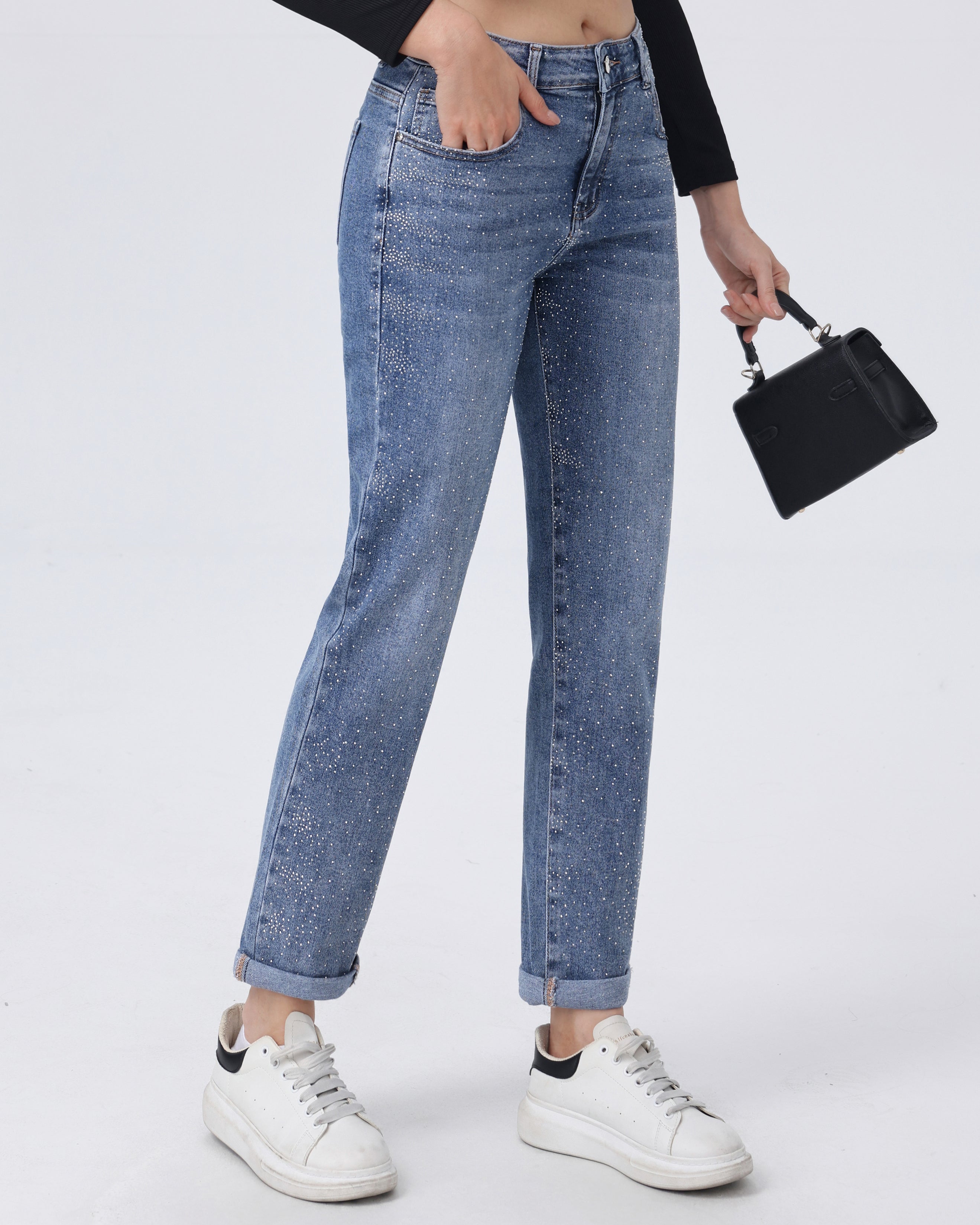 Hello Miss | Mom jeans met strass Eveline-2 Blauw