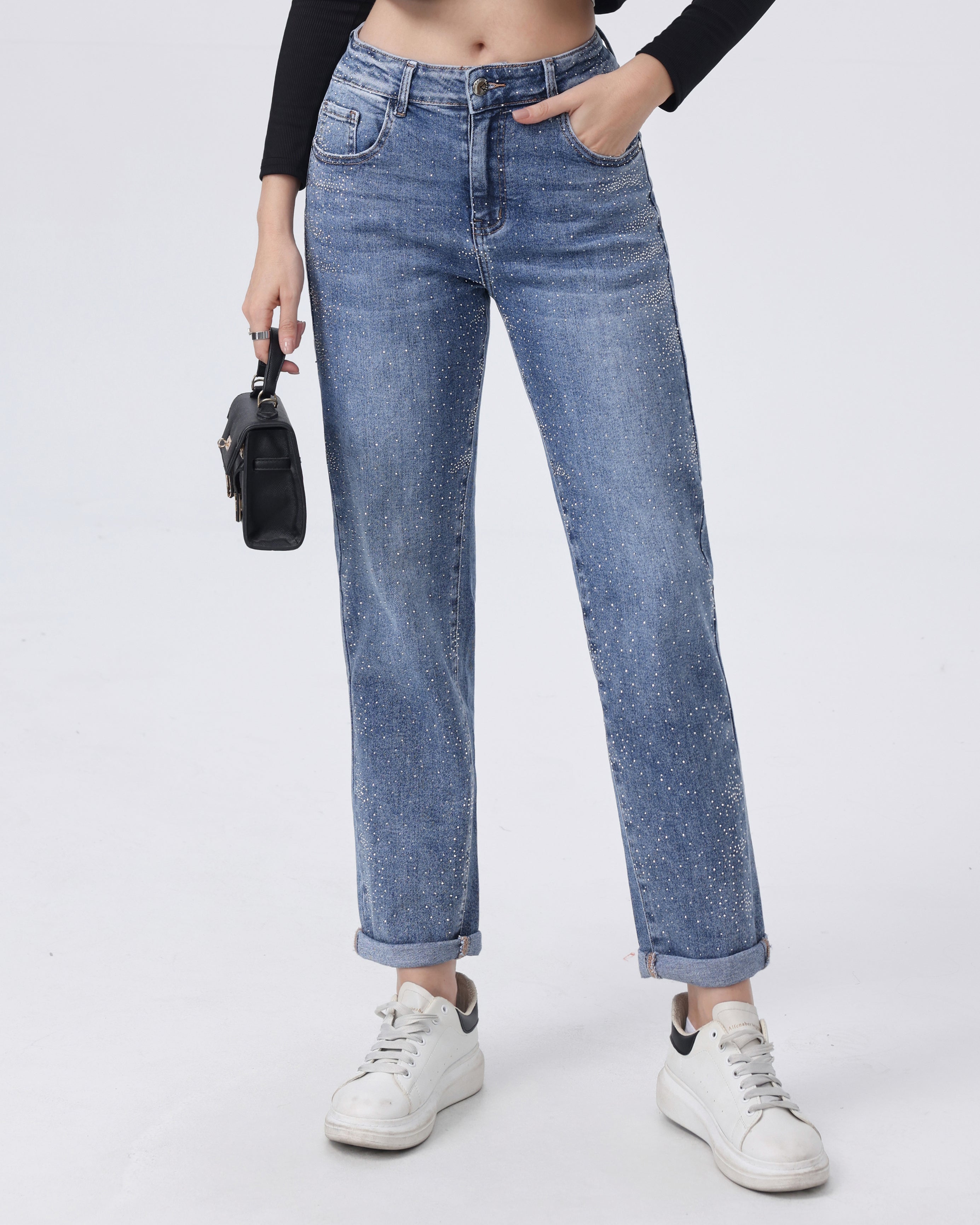 Hello Miss | Mom jeans met strass Eveline-2 Blauw