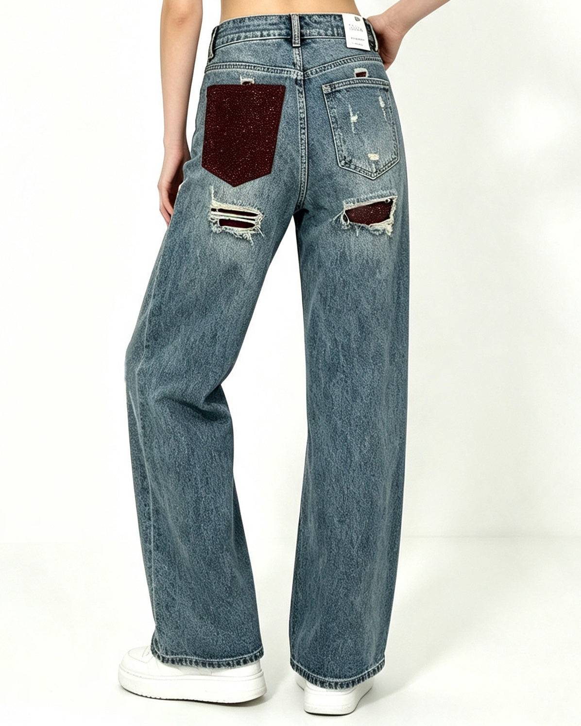 VS Miss | Wide leg jeans strass zak Savvy Donkerblauw