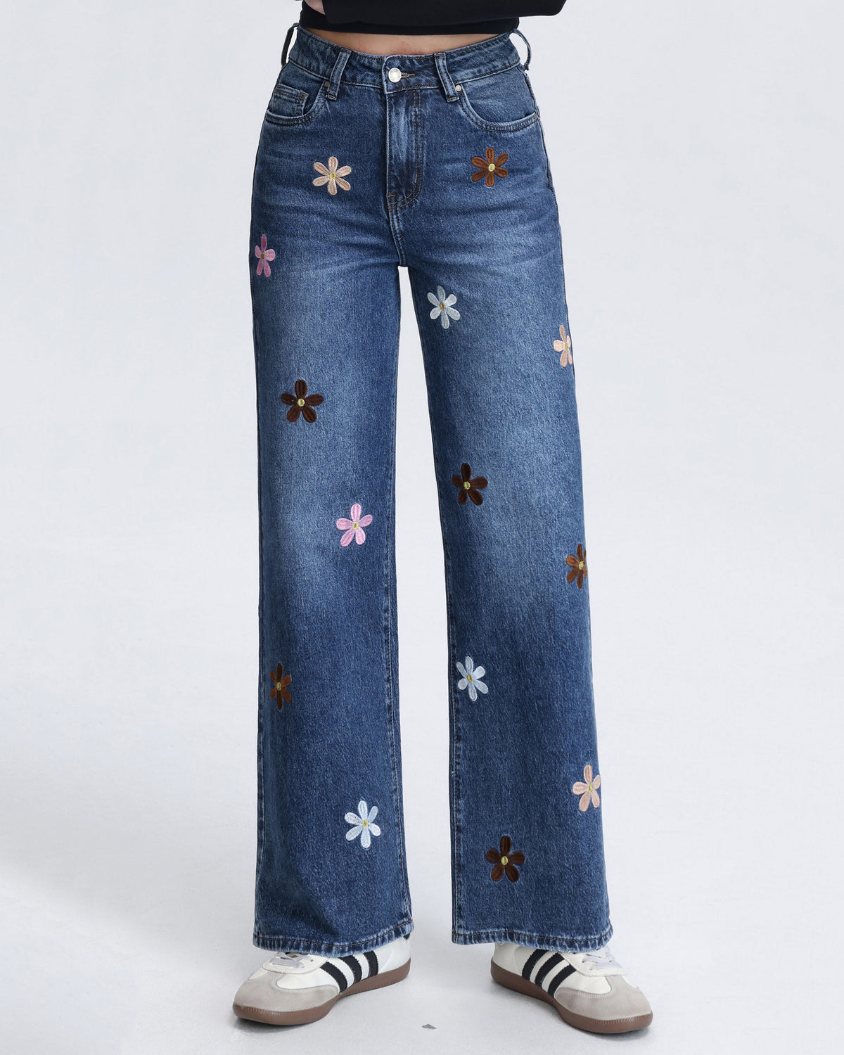 Hello Miss | Wide leg jeans embroidered flowers Donkerblauw