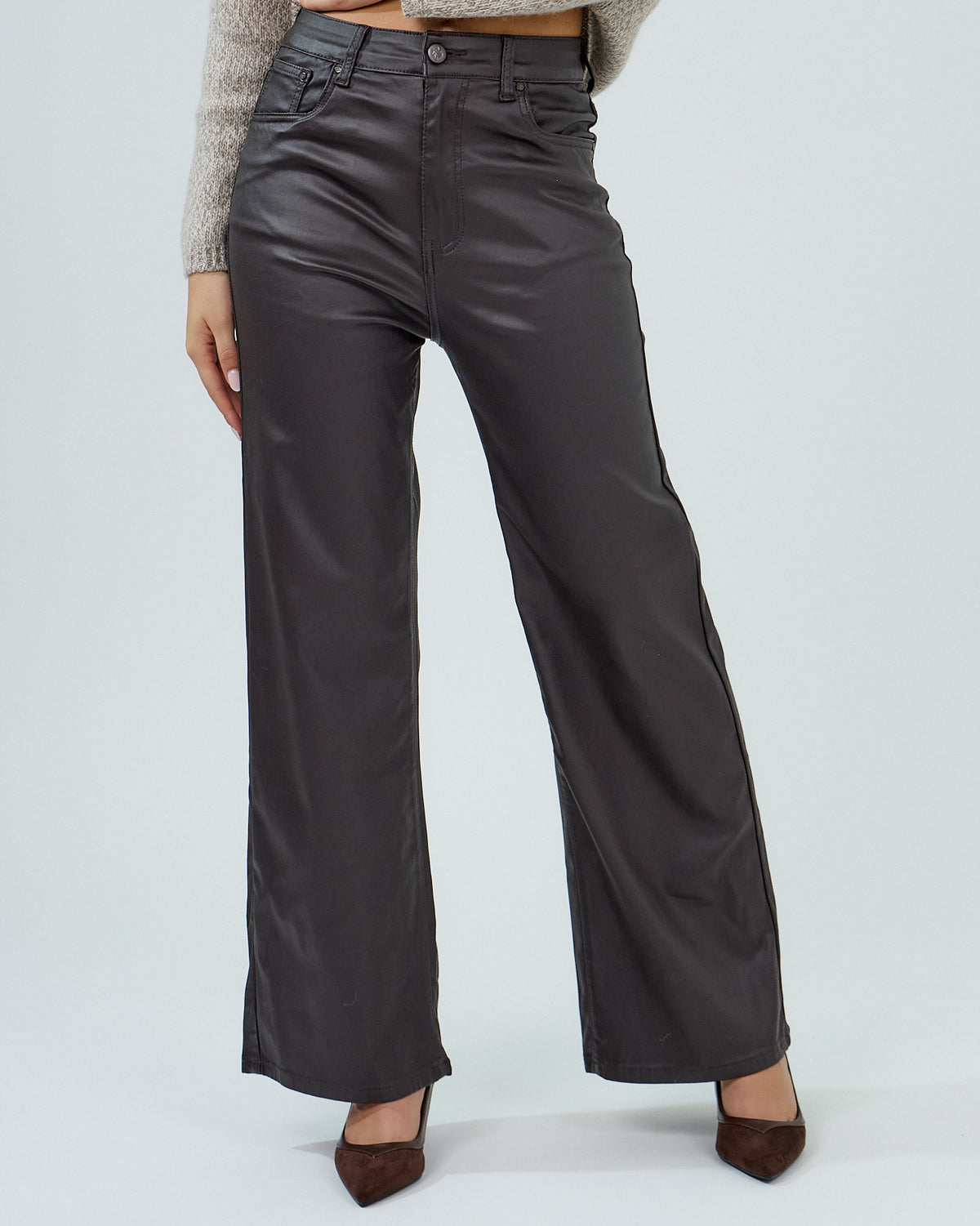 Ana & Lucy | Leatherlook wide leg broek Corinne Donkerbruin