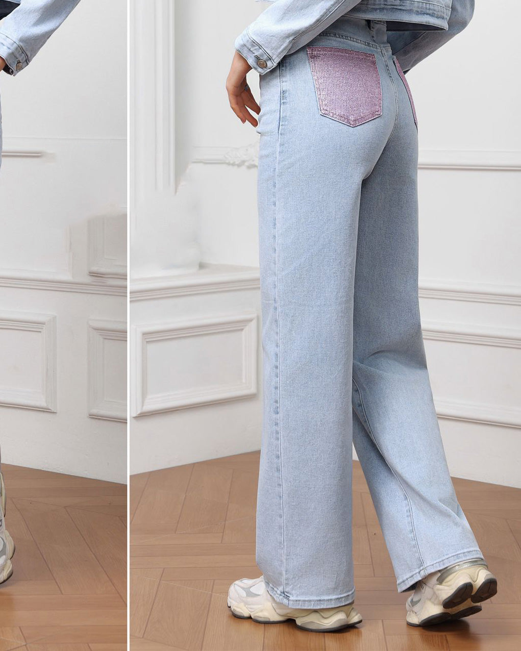 Hello Miss wide leg jeans lichtblauw met roze stras achterzakken achterkant