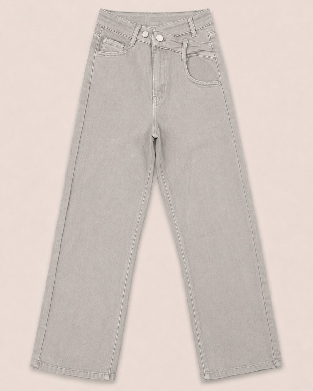 Redseventy Josy-5 taupe wide leg jeans met schuine tailleband en dubbele knoop