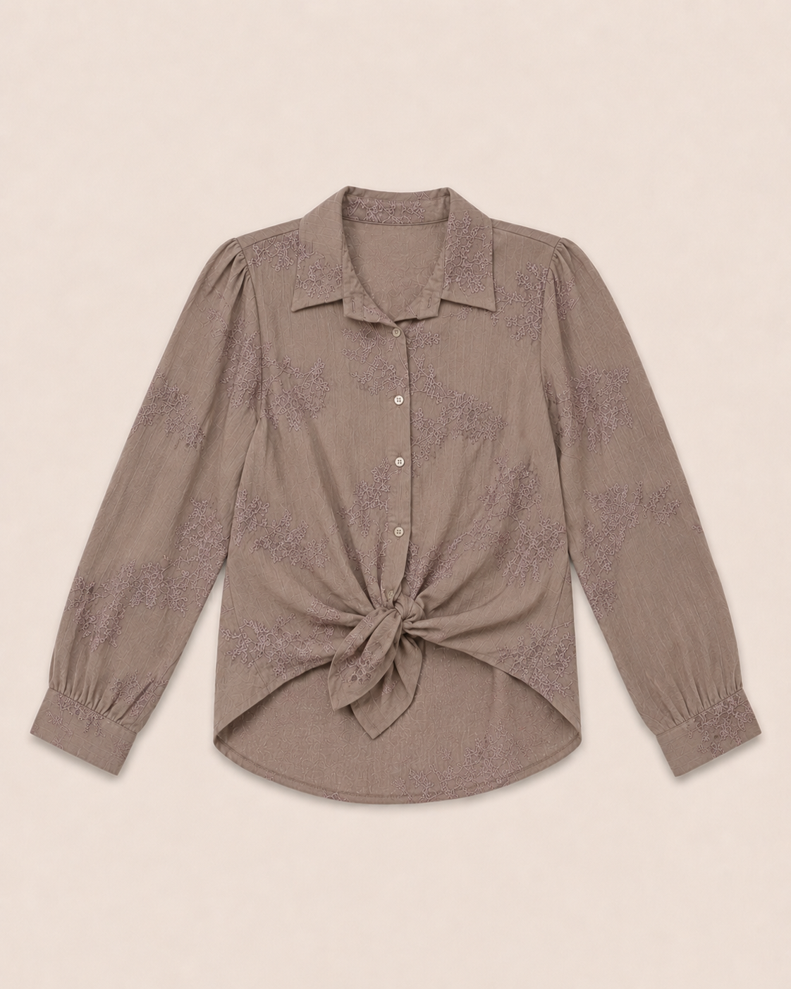Taupe blouse met bloemenprint en afneembare strik Evelyn dames