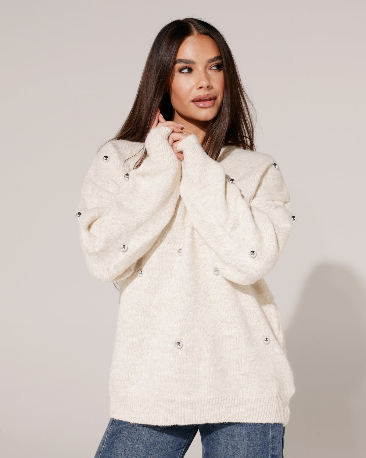 Trui met zilveren studs Pien Beige