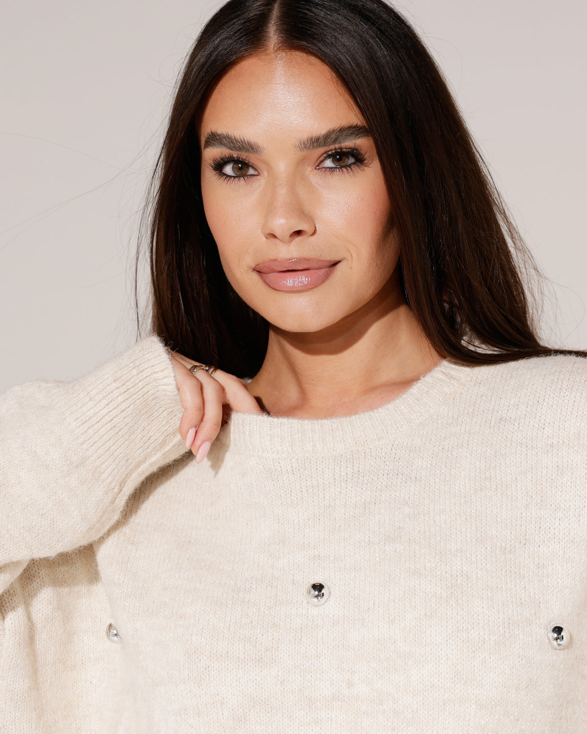 Trui met zilveren studs Pien Beige