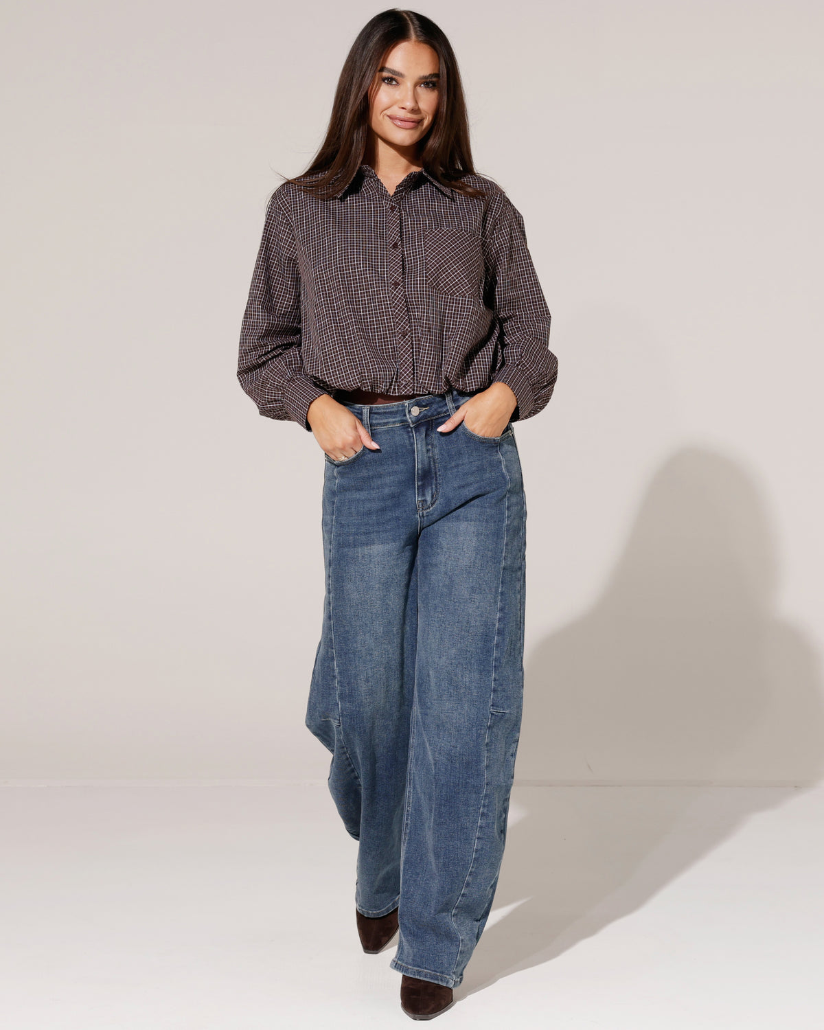 Geruite ballon blouse Channa Donkerbruin
