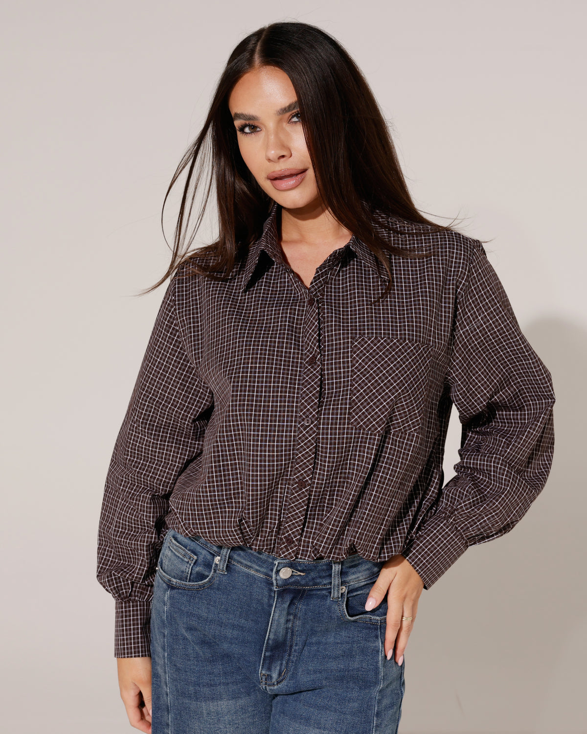 Geruite ballon blouse Channa Donkerbruin