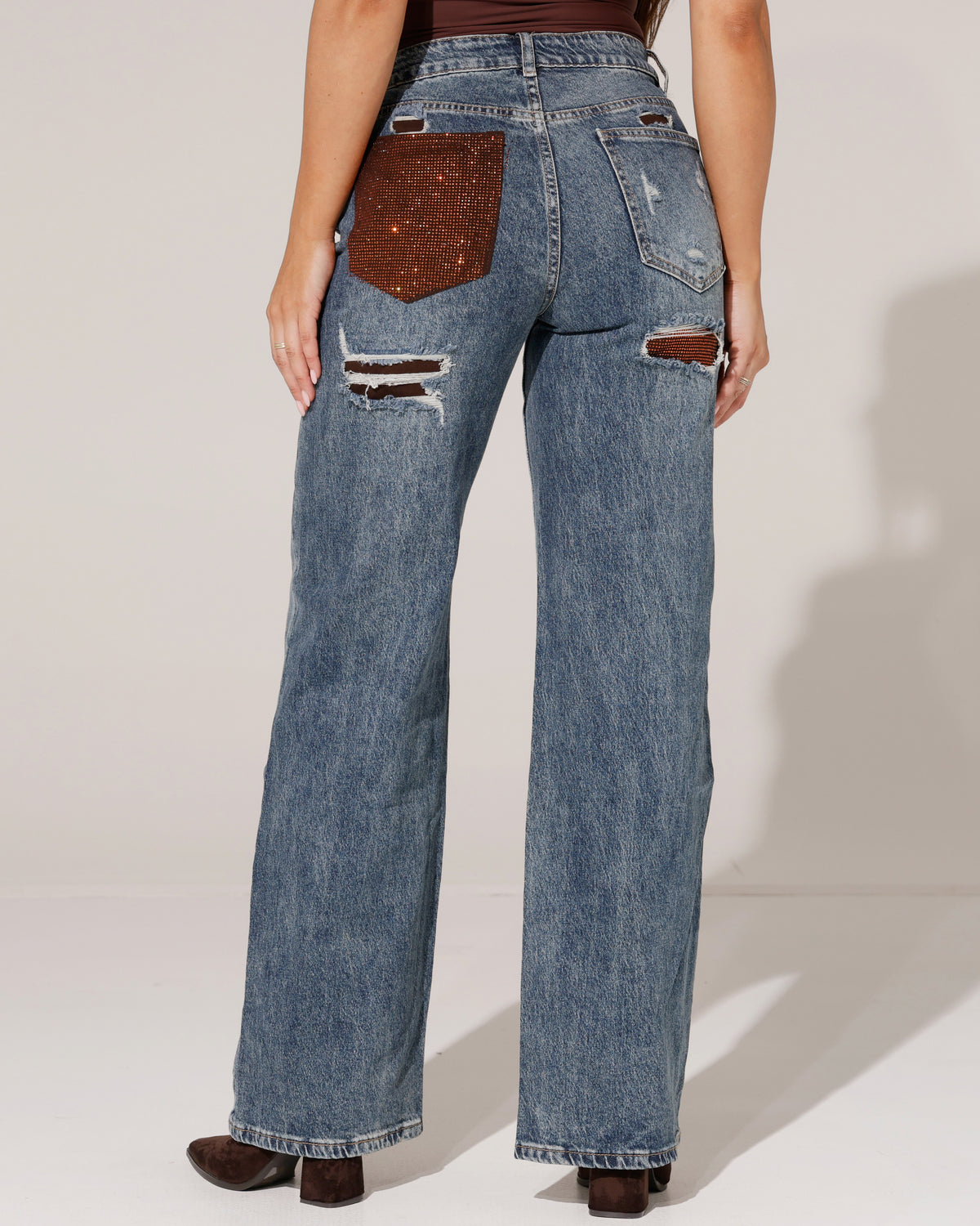 VS Miss | Wide leg jeans strass zak Trix Donkerbruin