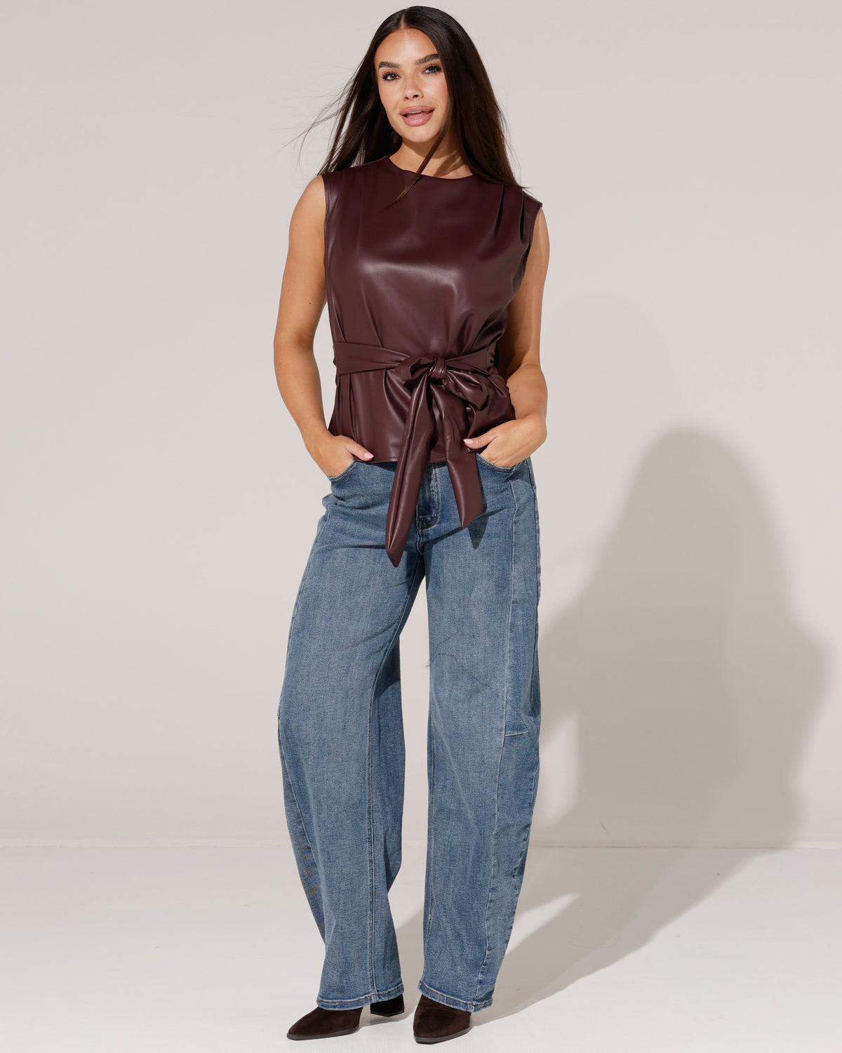 Leatherlook top strik koord Krisy Aubergine