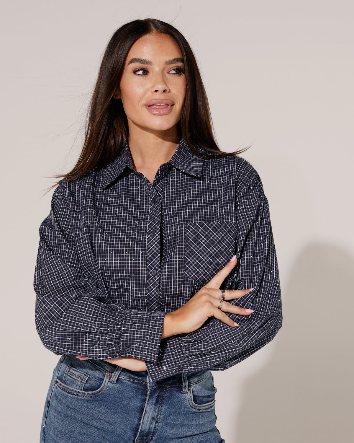 Geruite blouse met glitters Kailey Donkerblauw
