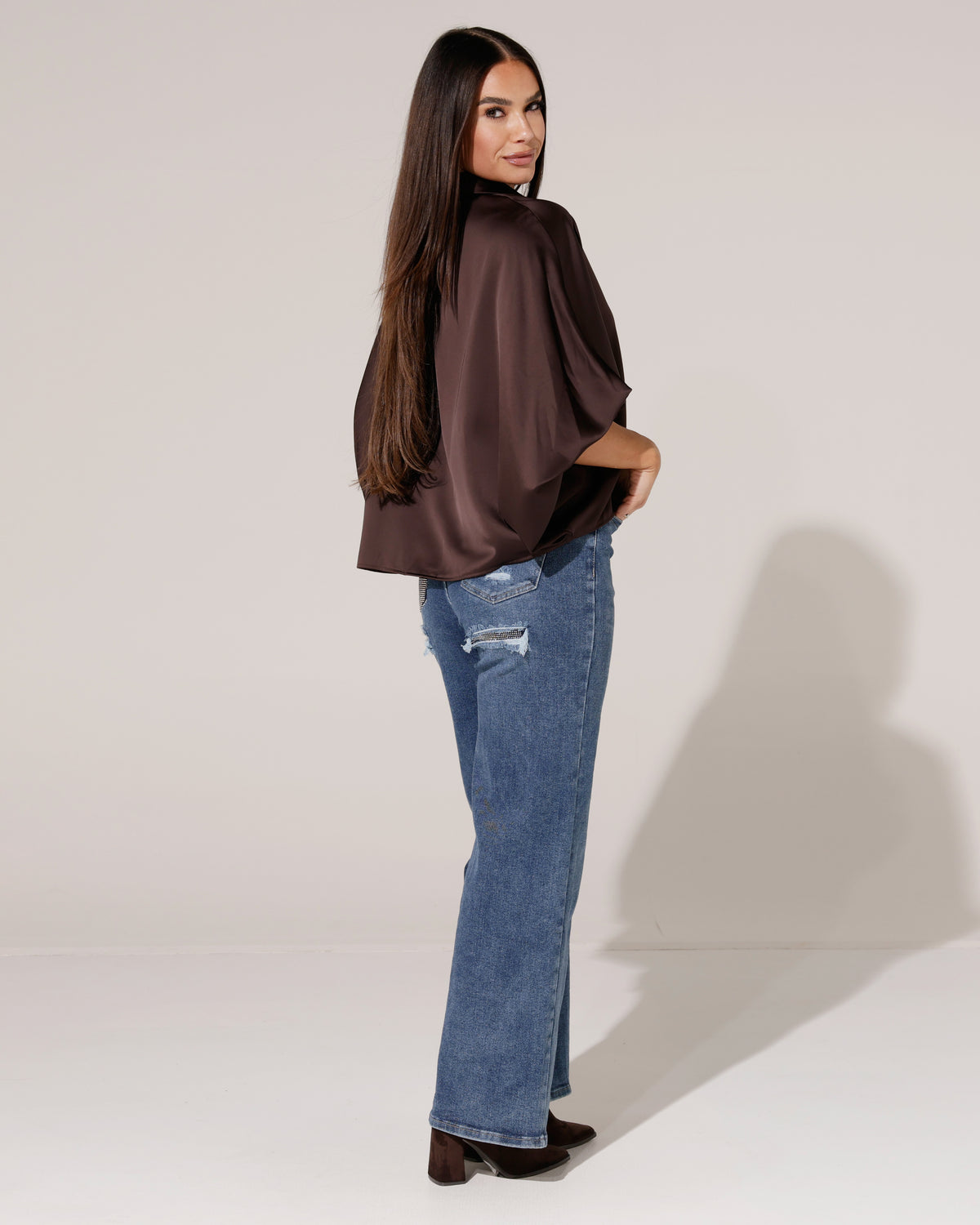Blouse met satijnlook Liva Donkerbruin