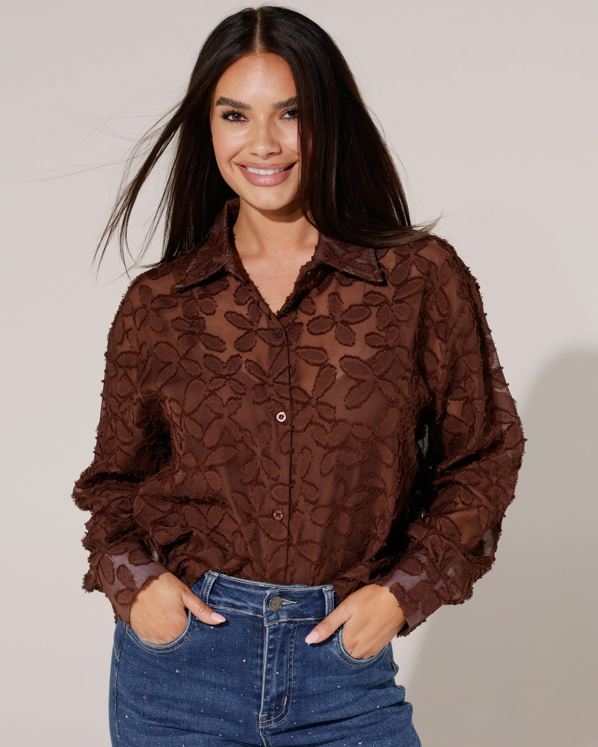 Blouse met bloem motief Maya Donkerbruin