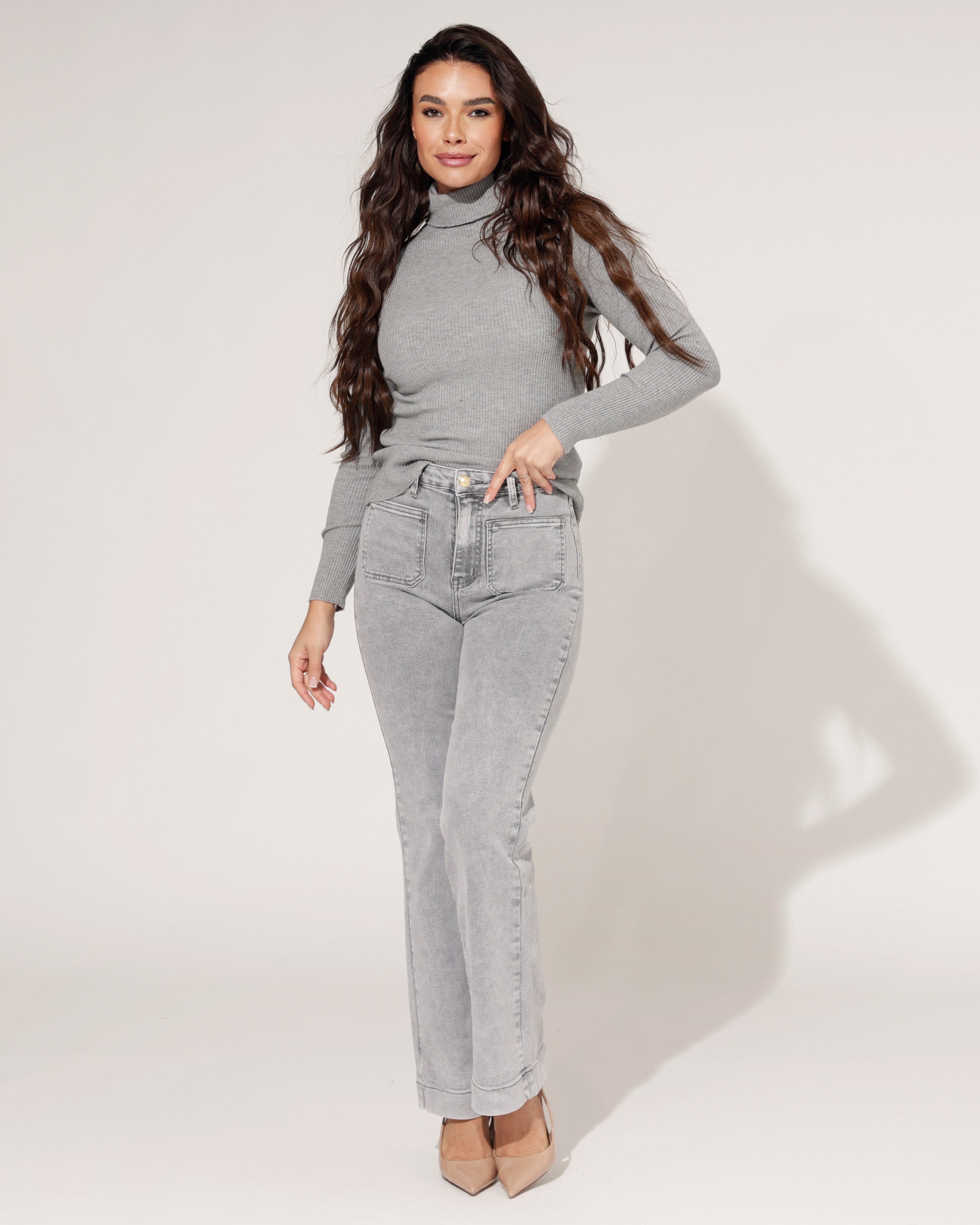 Trendy wijde jeans dames grijs high waist Folyrose