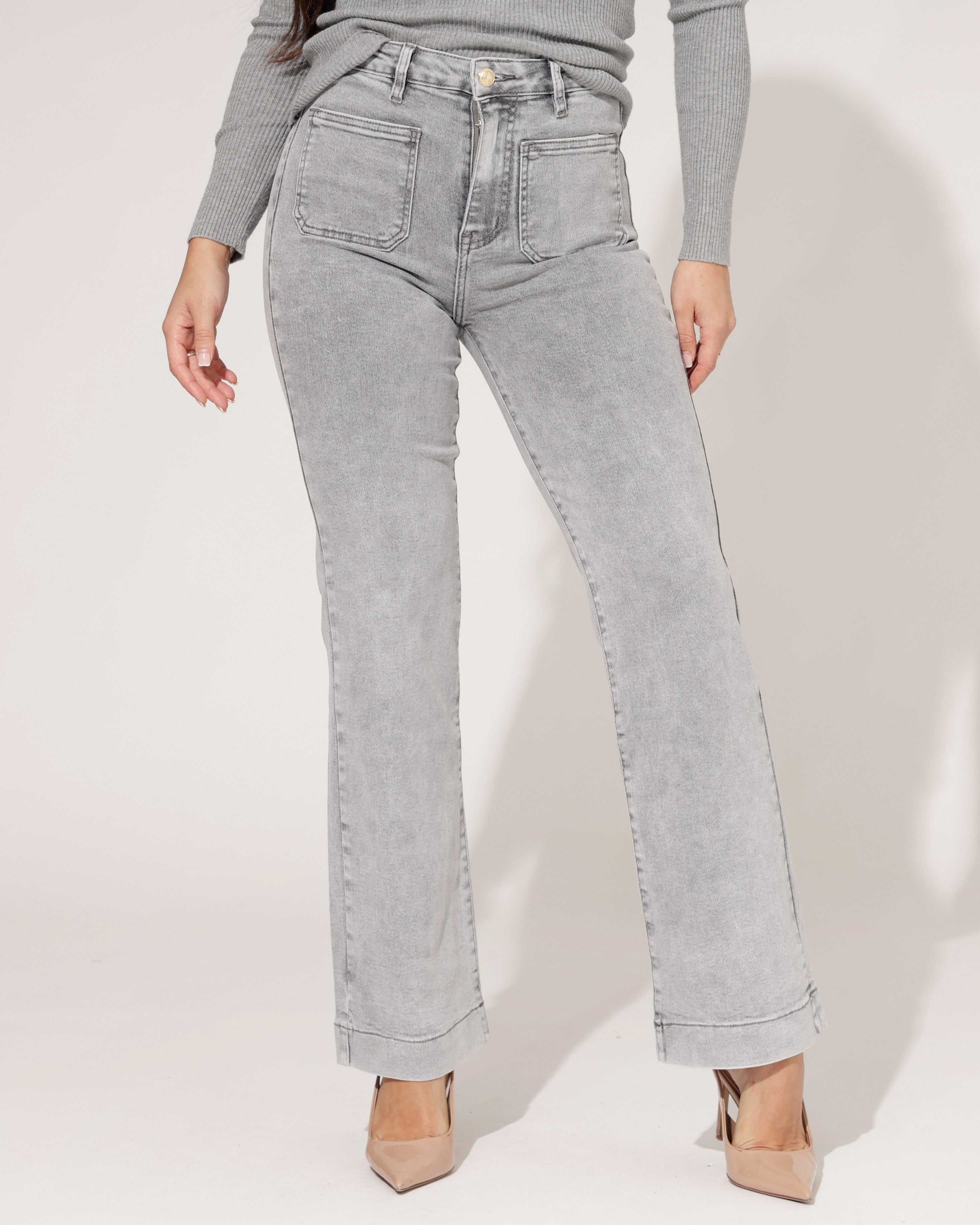 Trendy wijde jeans dames grijs high waist Folyrose - 1