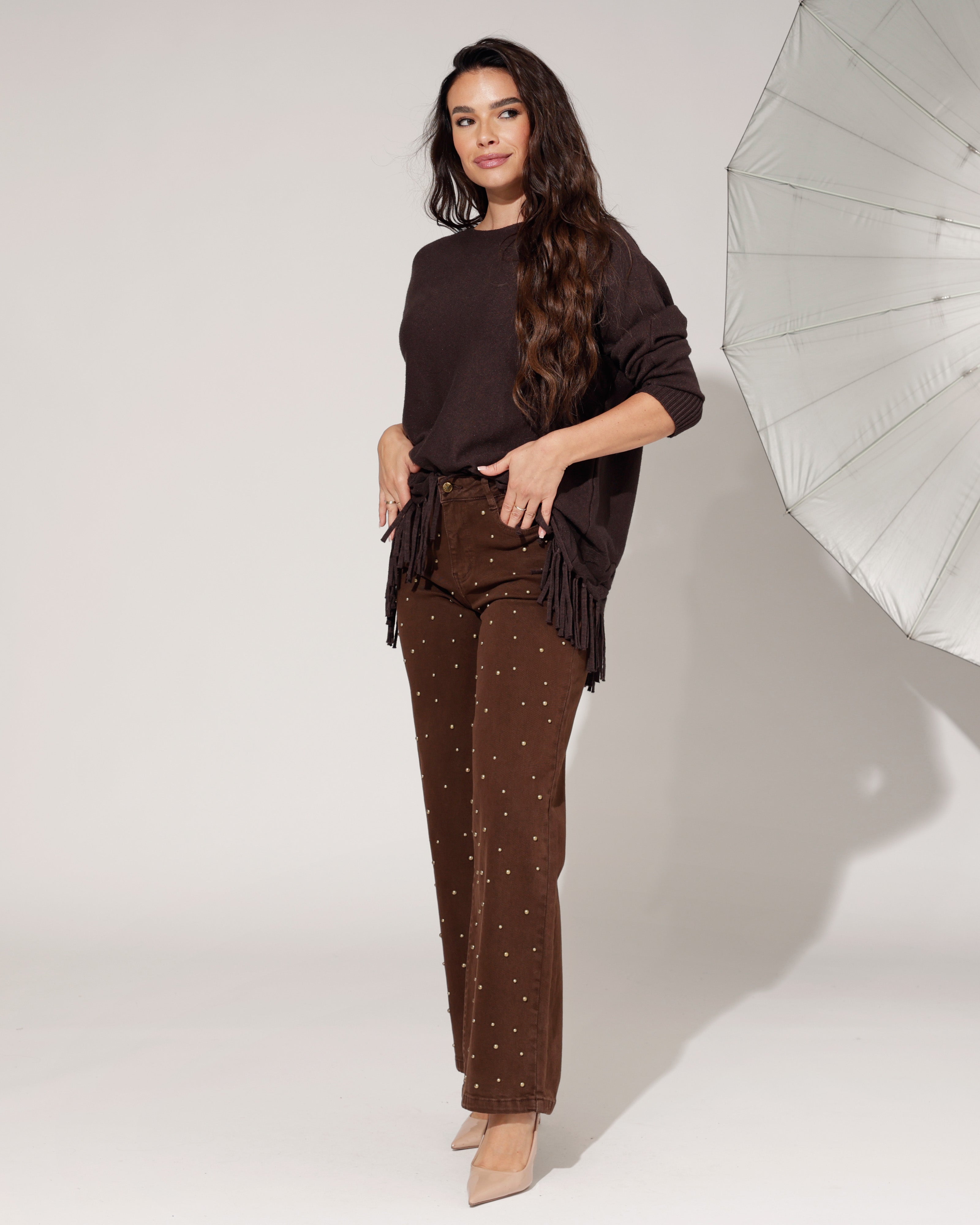 Trui met fringes Venna Bruin