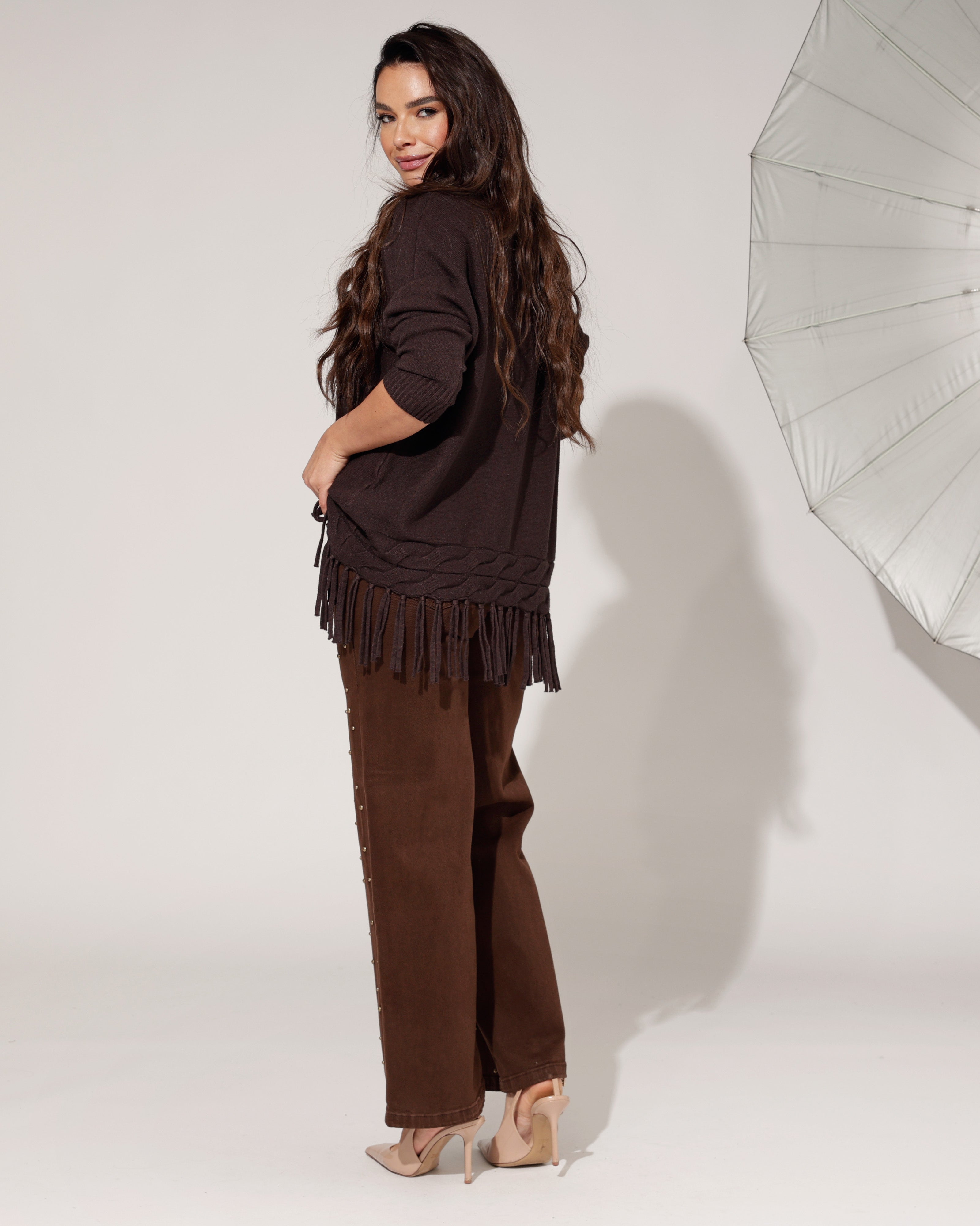 Trui met fringes Venna Bruin