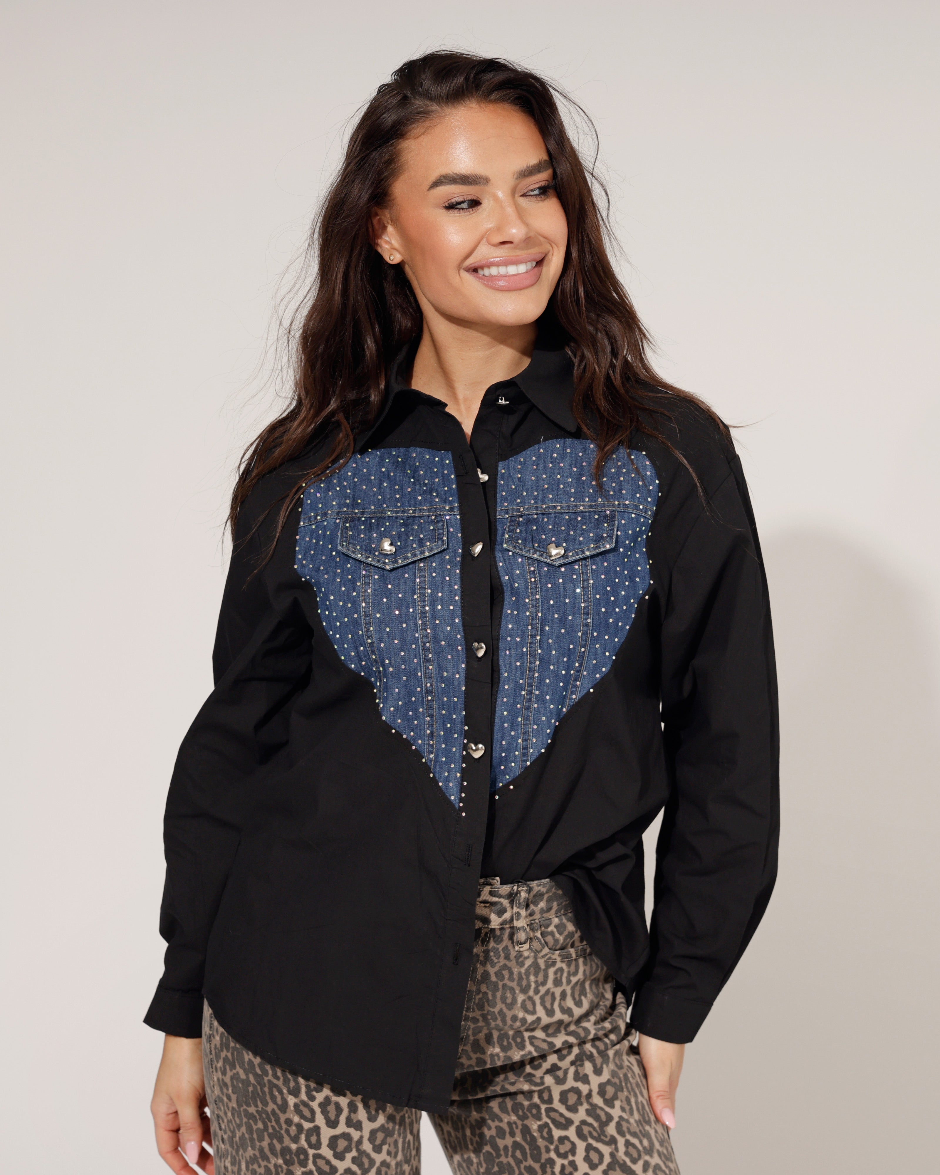 zwarte blouse dames met denim hart en stras Twinkels - 2
