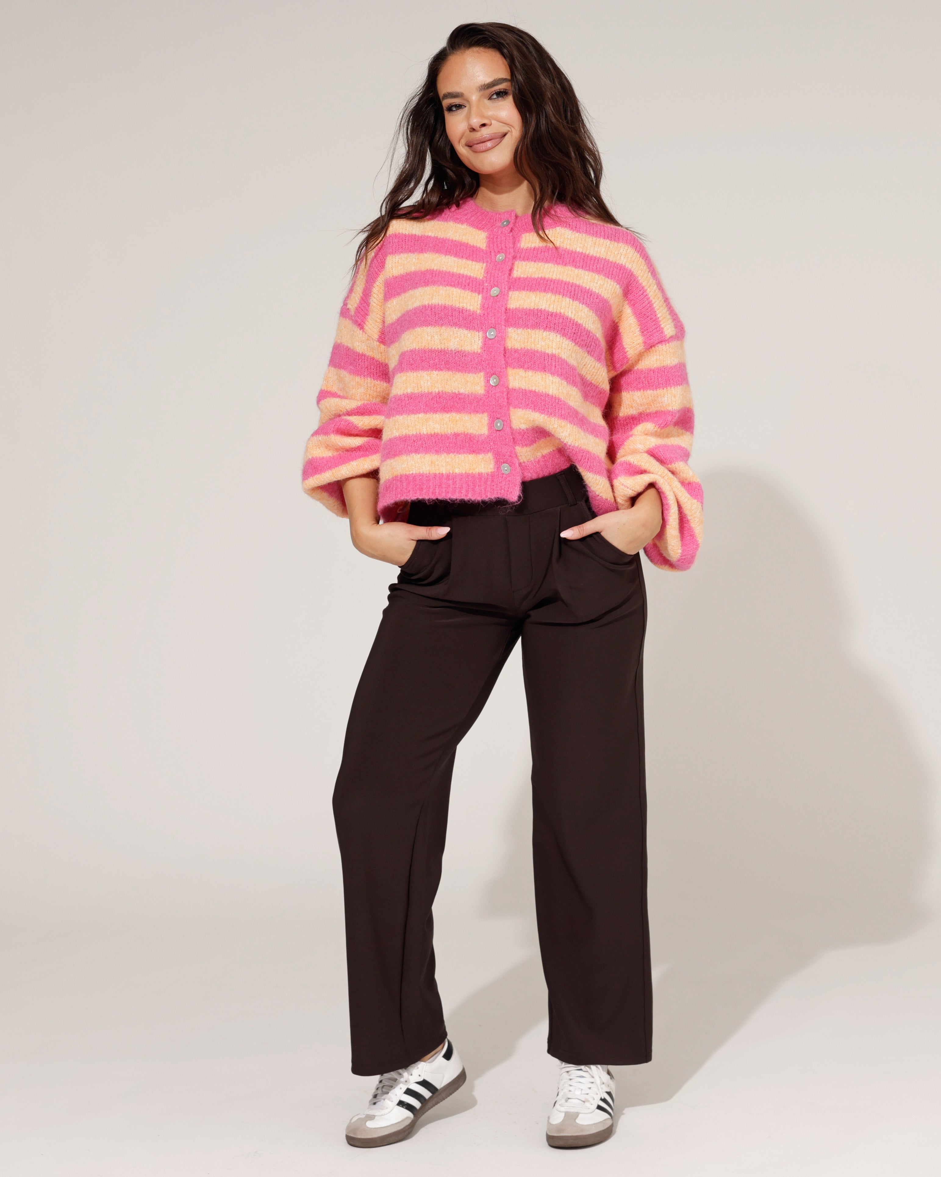 Wide leg broek dames bruin met elastische tailleband en steekzakken - 2