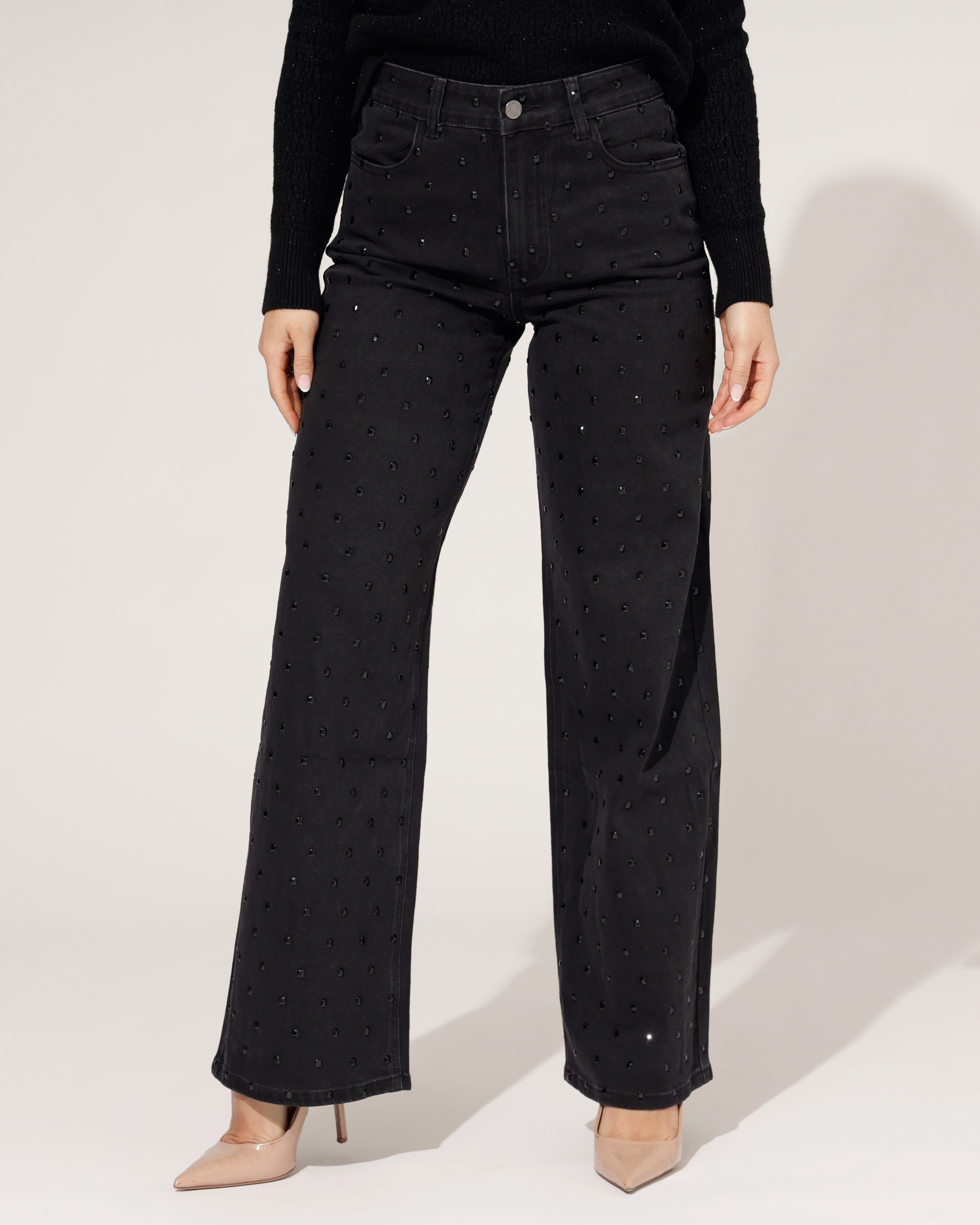 Queen Hearts | Wide leg jeans Rhinestones all over Tina-1 Zwart