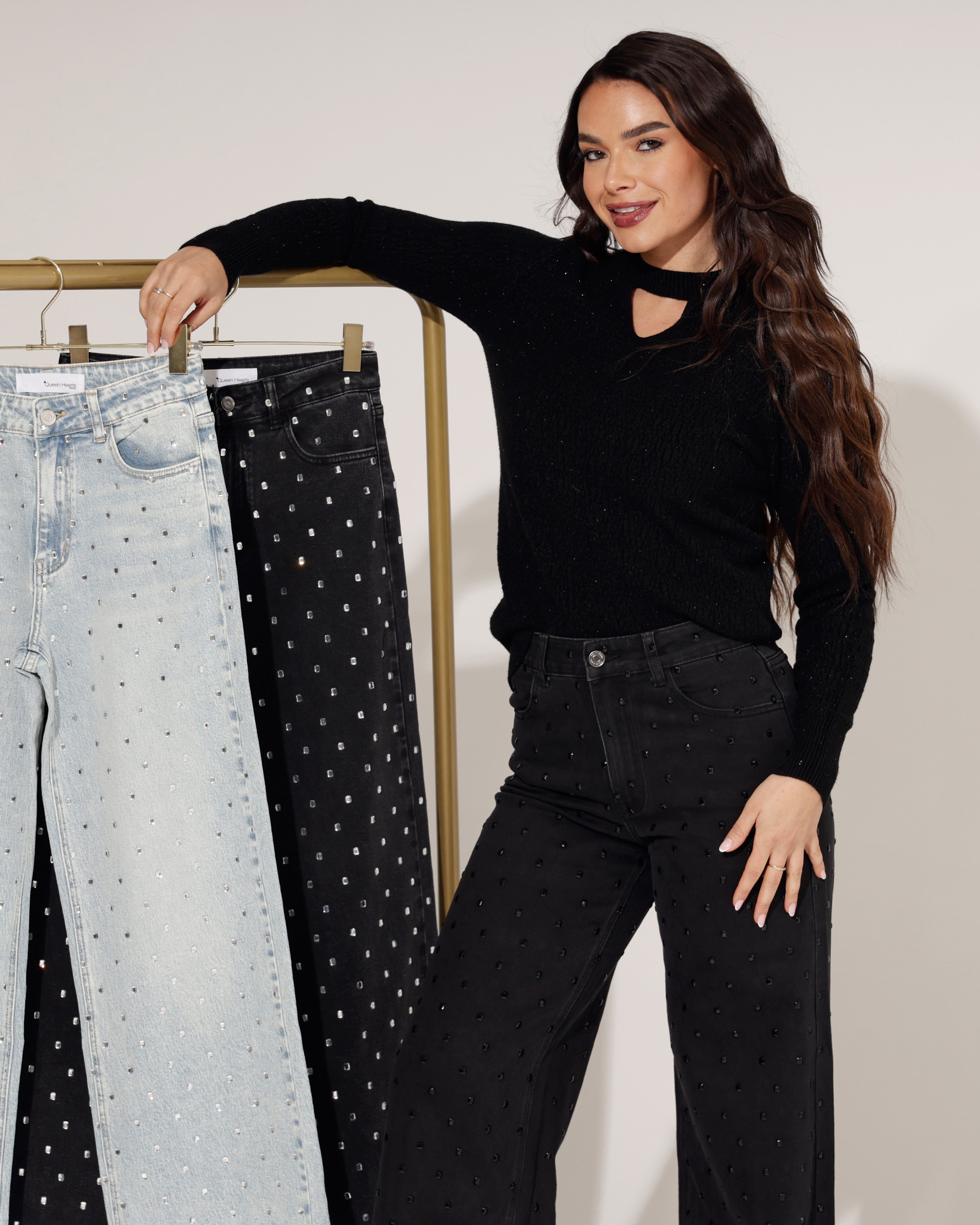 Queen Hearts | Wide leg jeans Rhinestones all over Tina Blauw