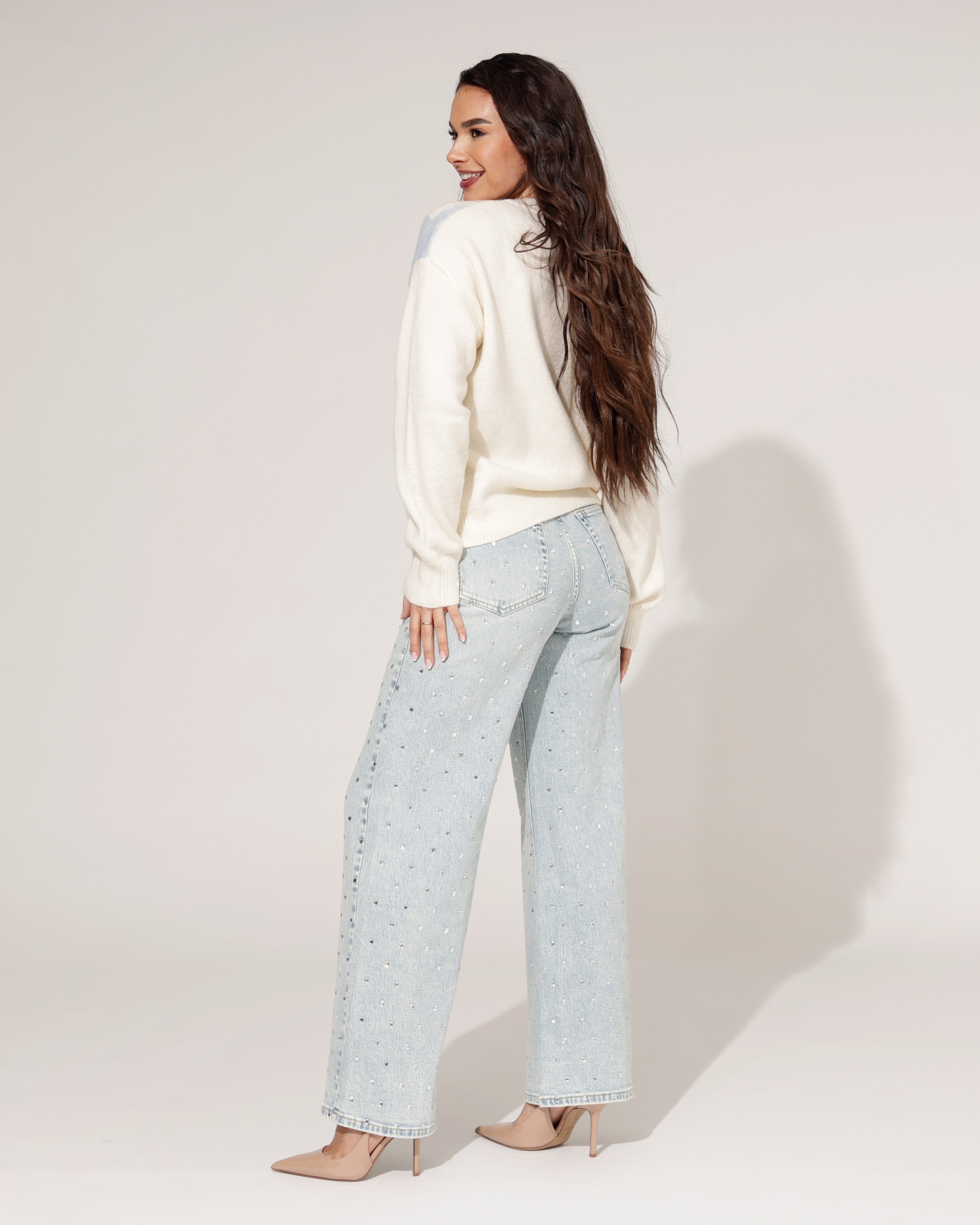 Queen Hearts | Wide leg jeans Rhinestones all over Tina Blauw