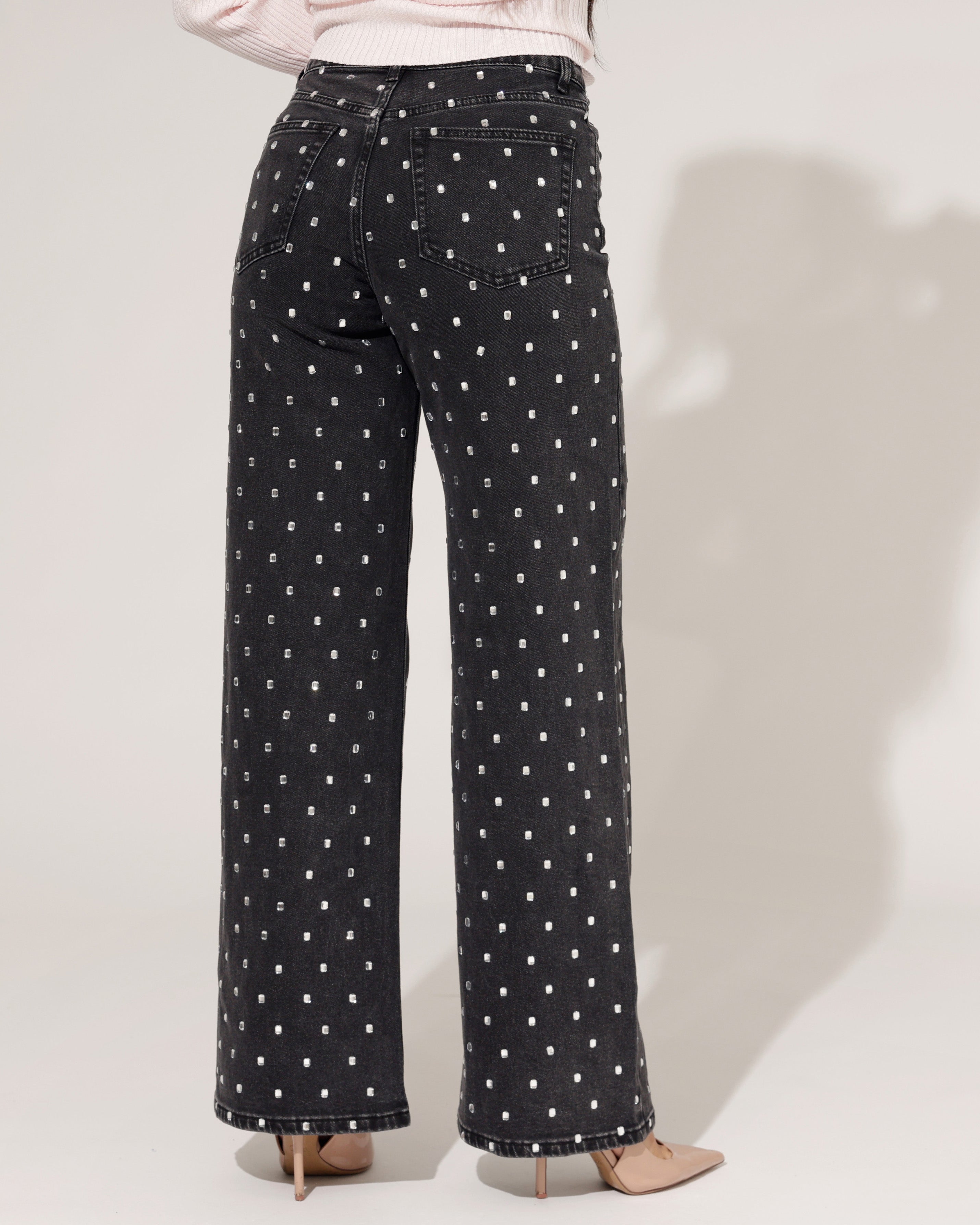 Queen Hearts | Wide leg, Straight jeans Rhinestones all over Tina-1 Zwart/ Zilver