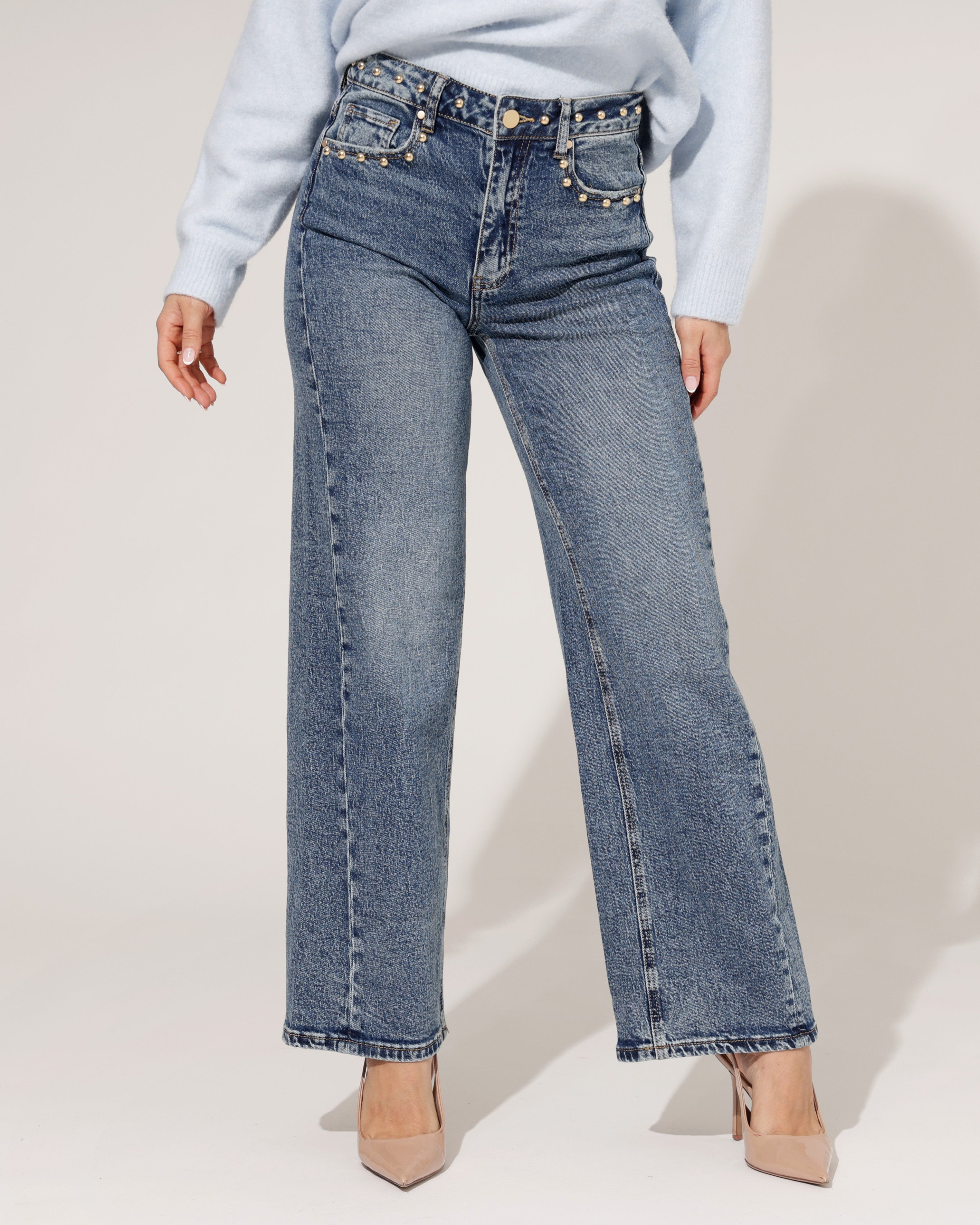 Queen Hearts | Wide leg, Straight jeans Studs Irvy-1 Donkerblauw