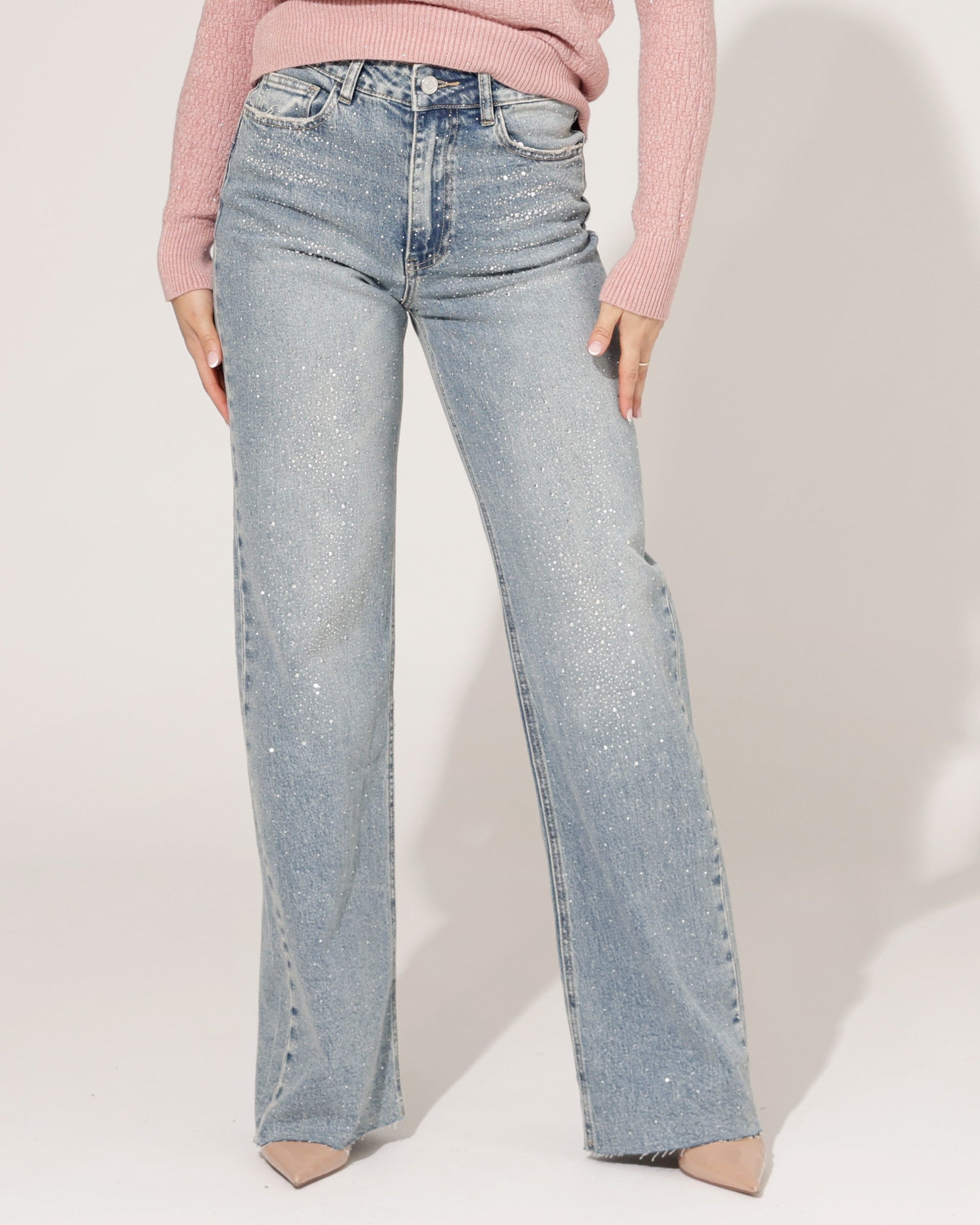 Queen Hearts | Wide leg jeans met Stras Revi-3 Blauw