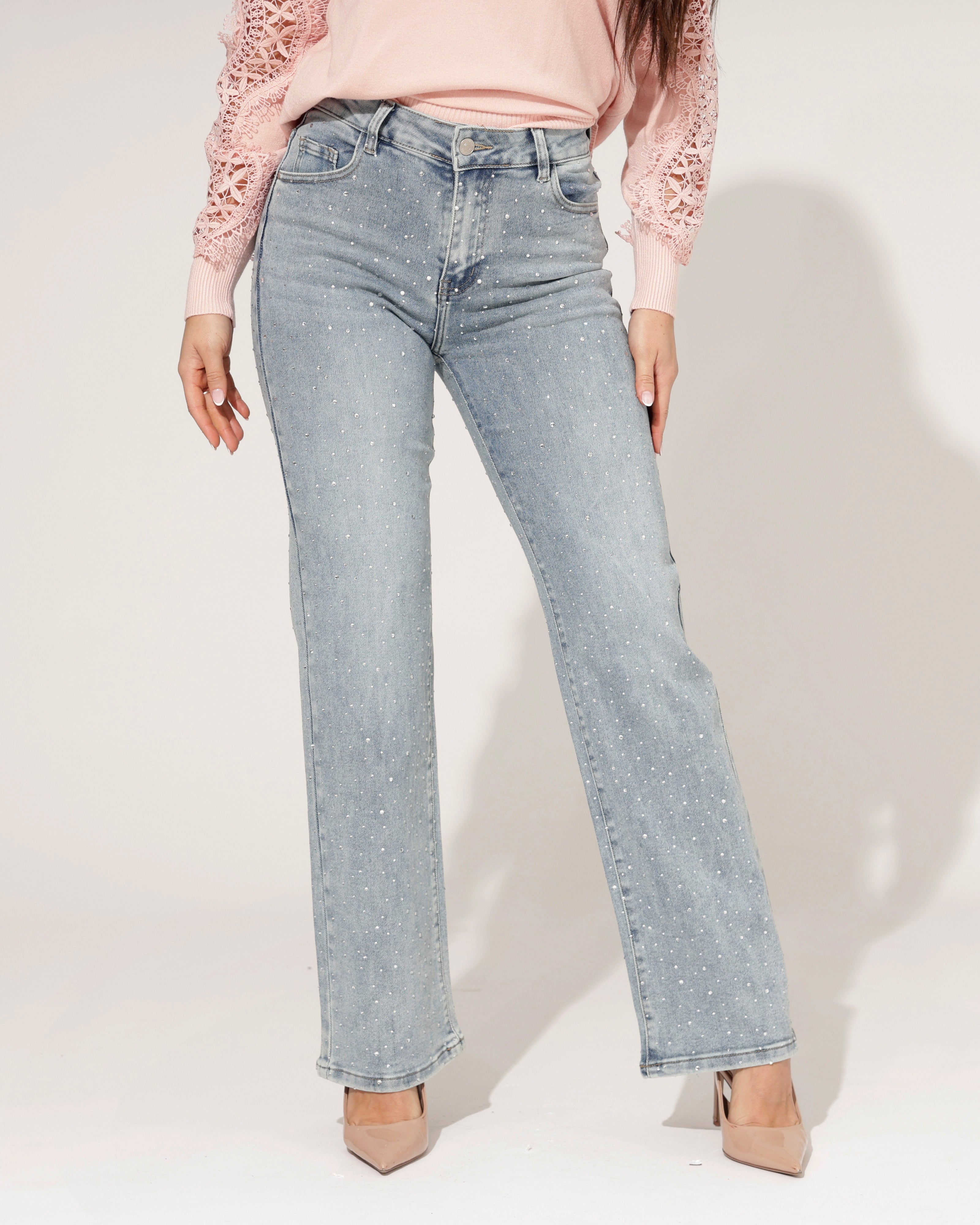 Hello Miss | Wide leg jeans met strass Jolien-1 Lichtblauw