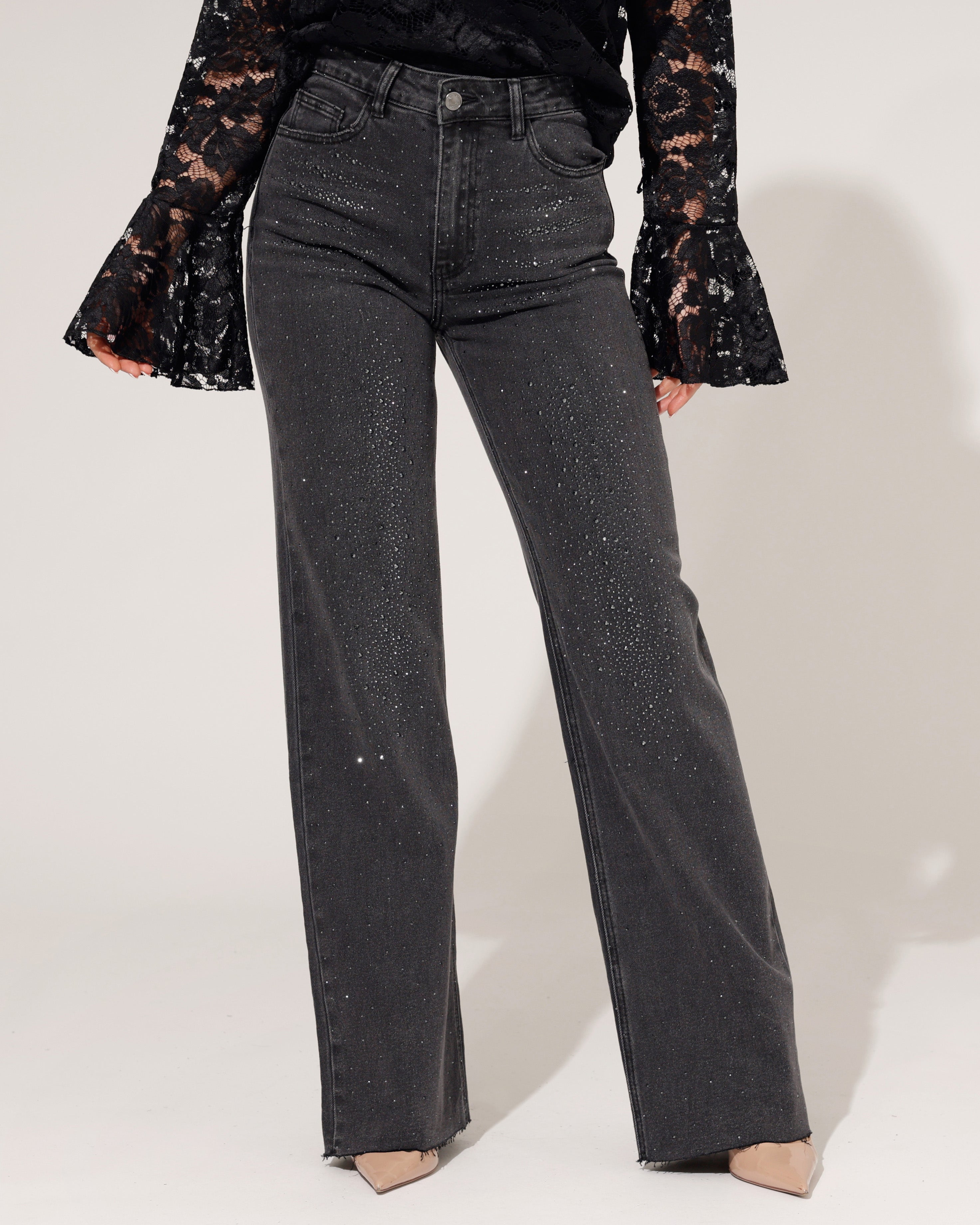 Zwarte wide leg jeans dames Queen Hearts strass steentjes all over - 4