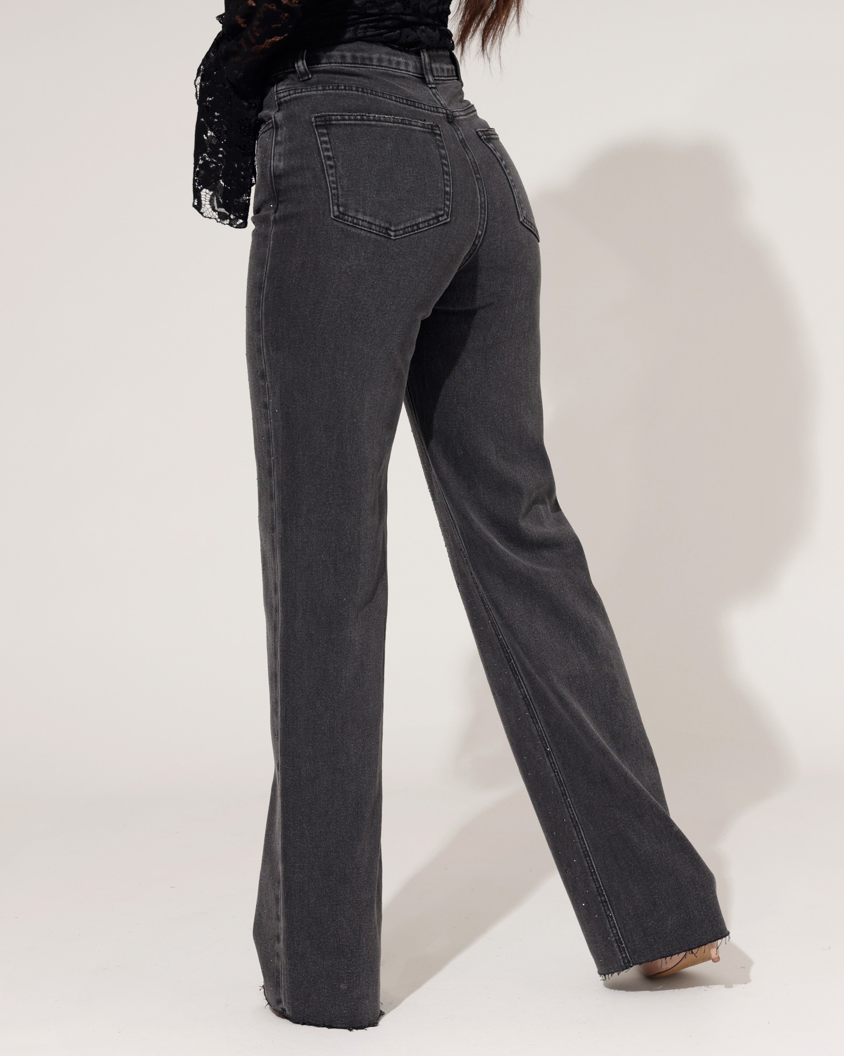 Zwarte wide leg jeans dames Queen Hearts strass steentjes all over - 5