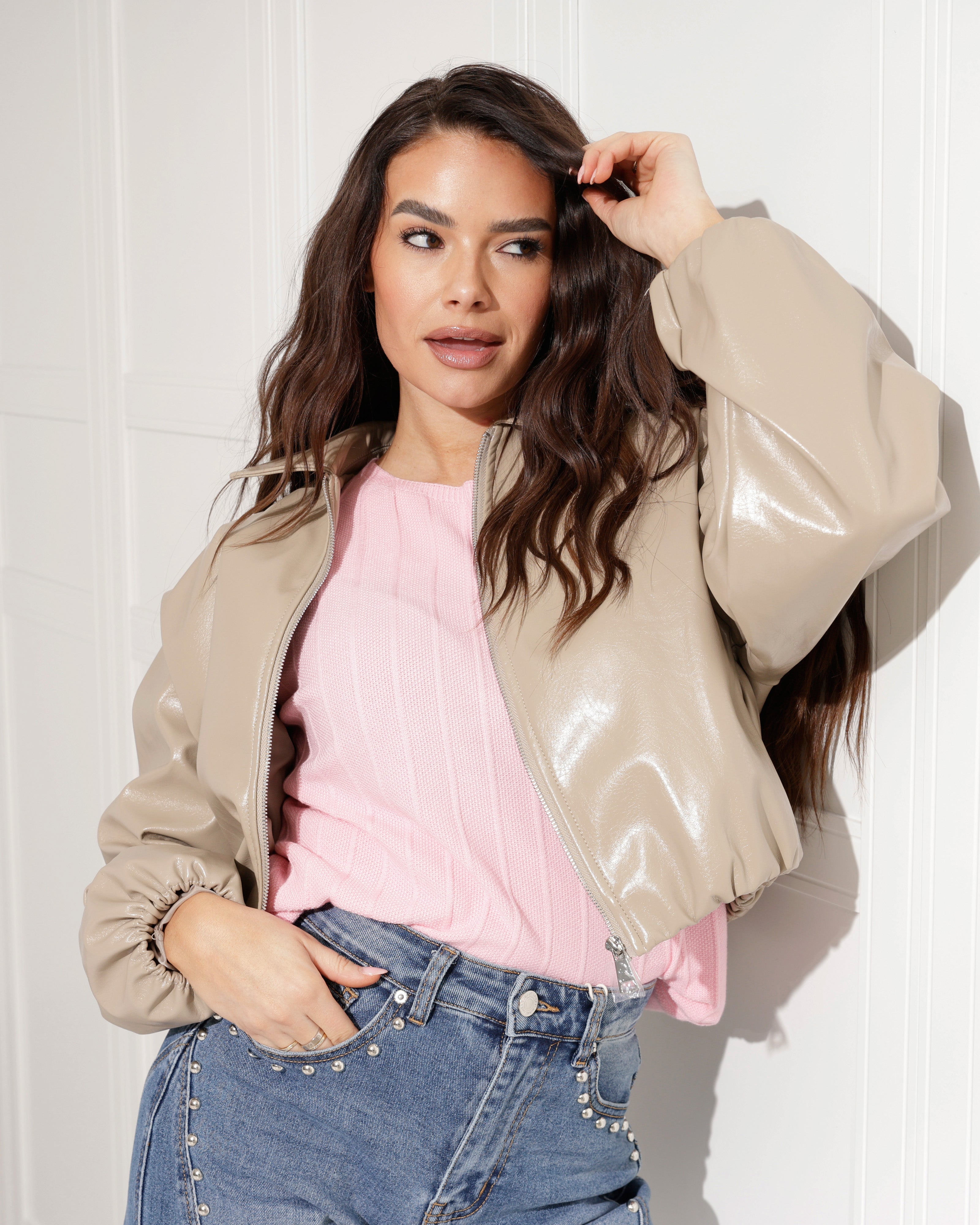 Lederen jacket Josie Taupe