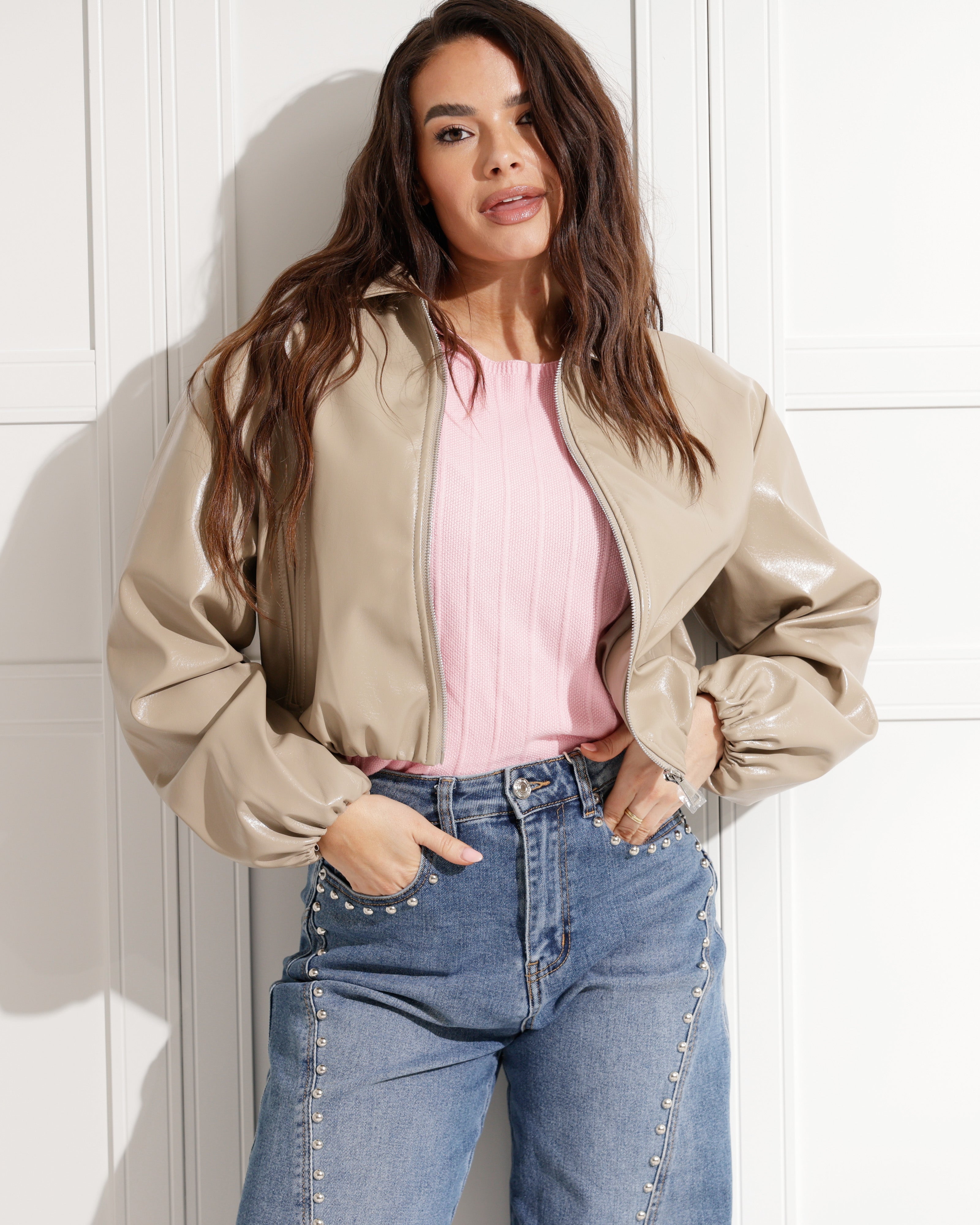 Lederen jacket Josie Taupe