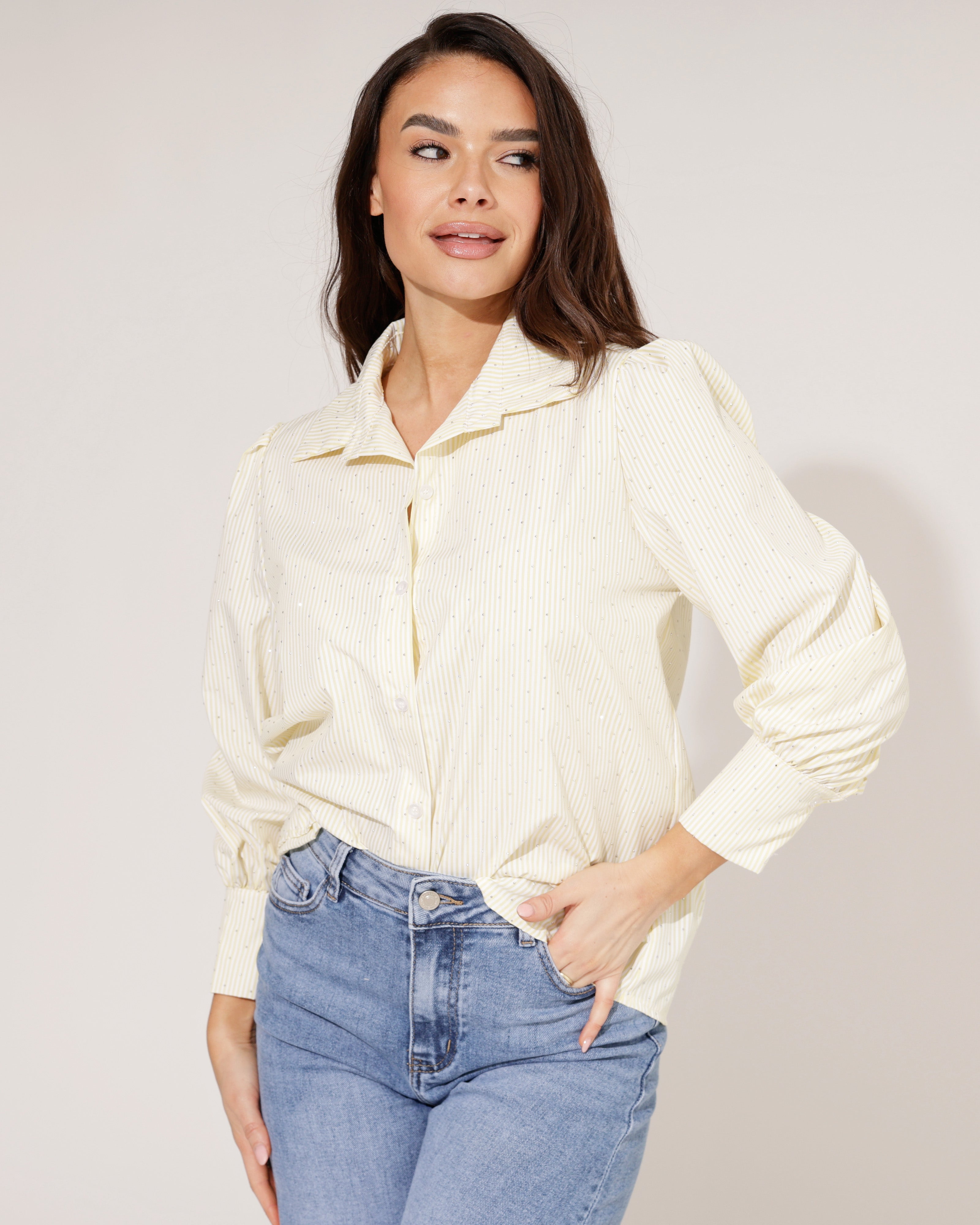Gestreepte blouse met stras Tracey Geel
