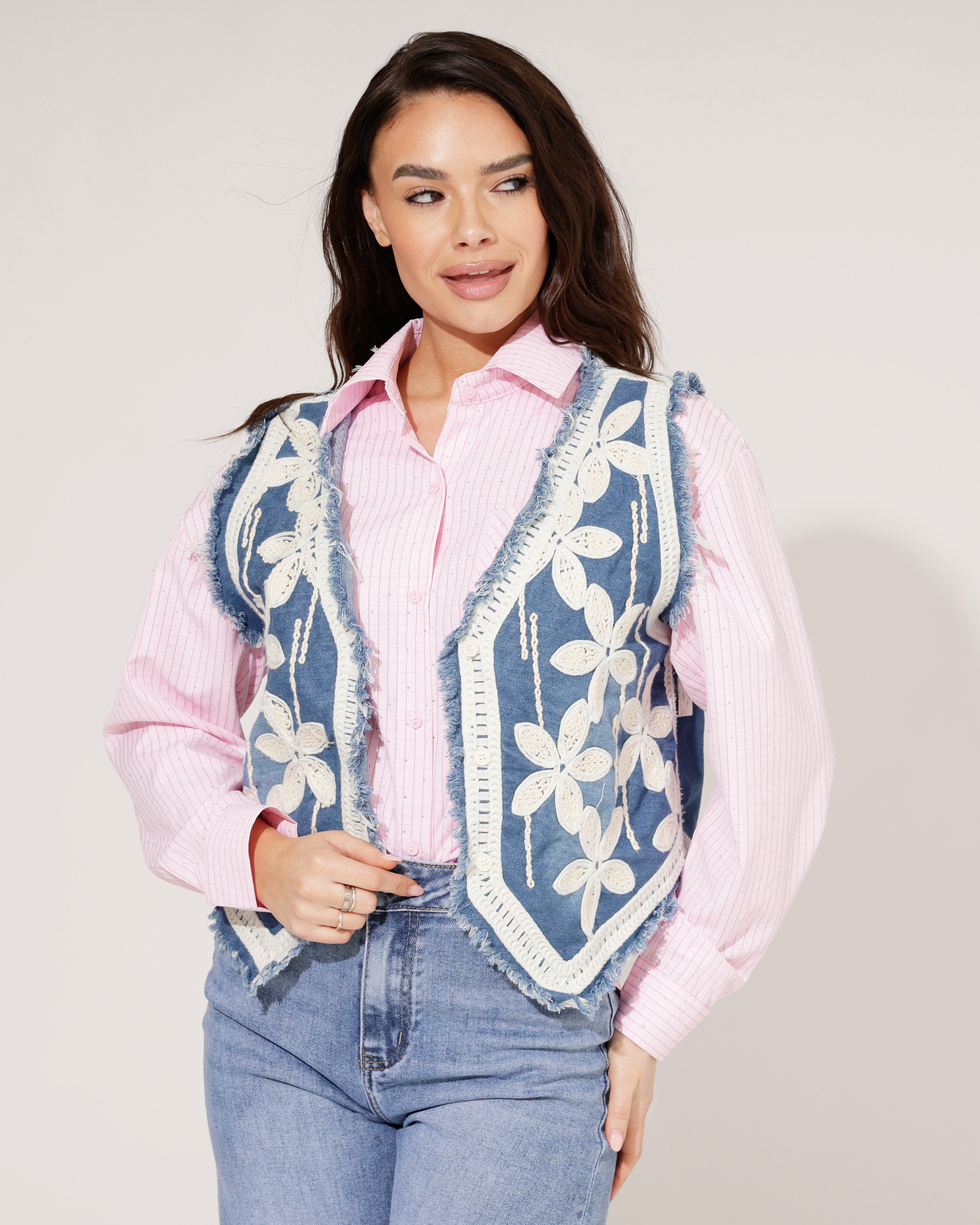 Denim gilet met bloemen Fenna Blauw