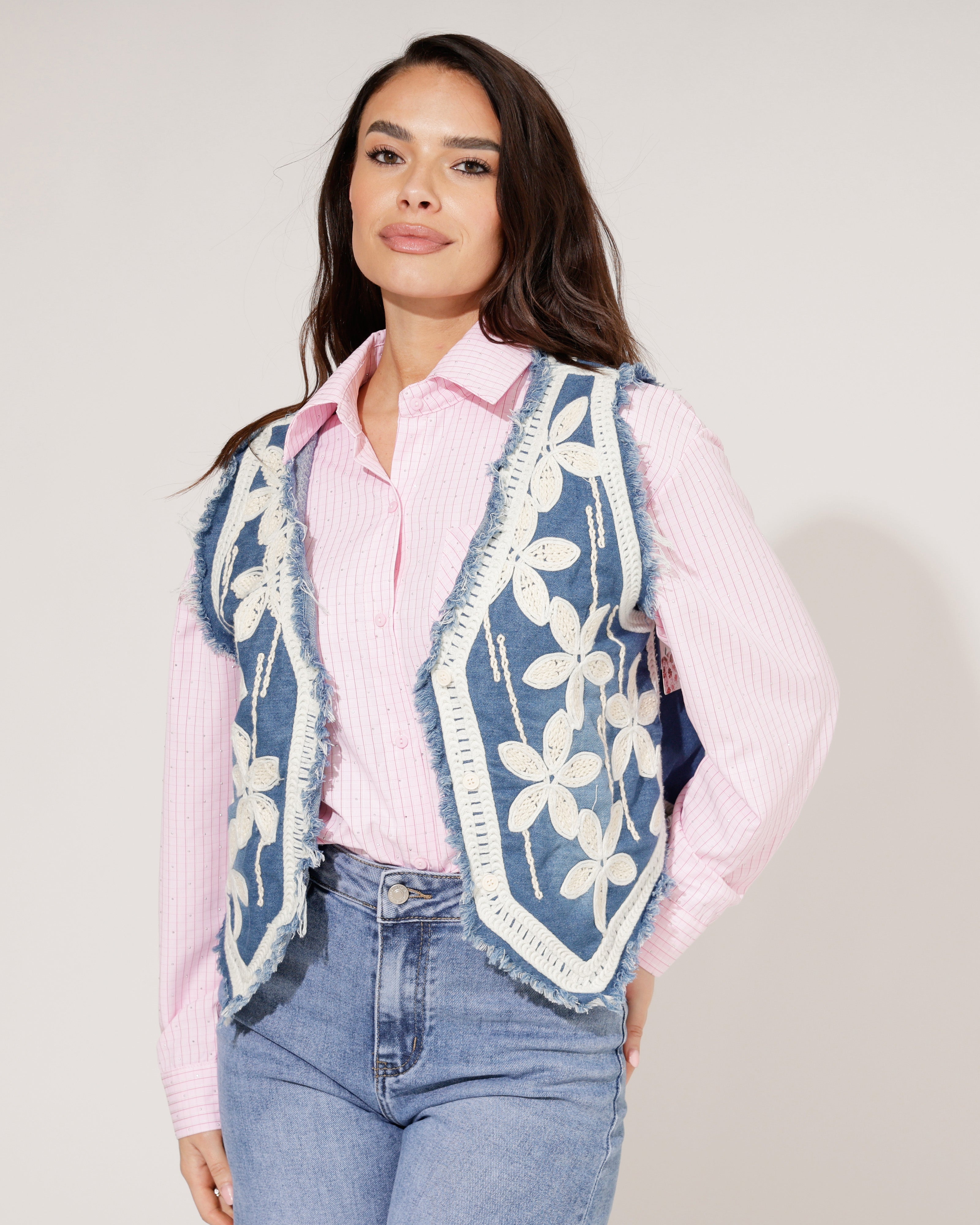 Denim gilet met bloemen Fenna Blauw