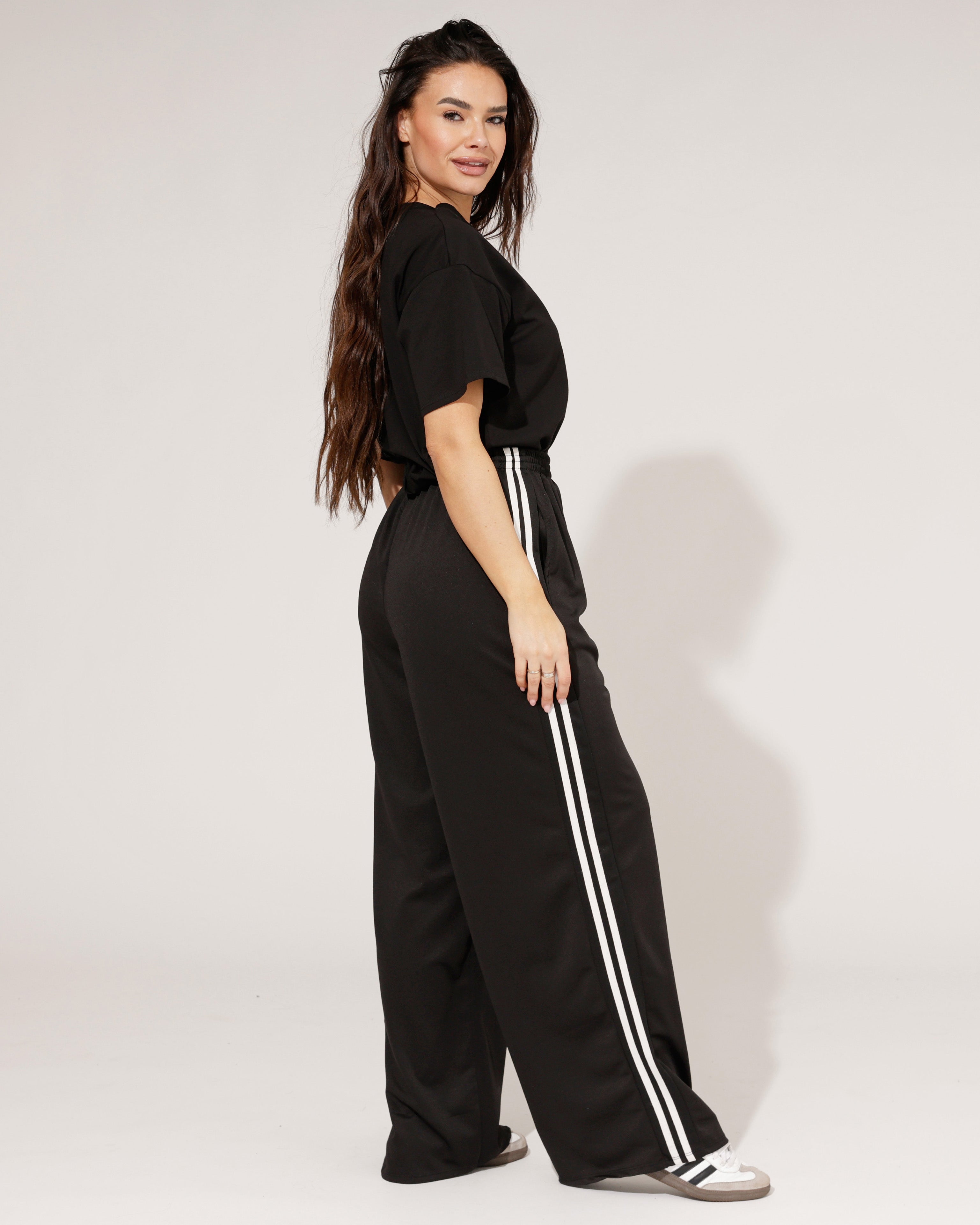 Wide leg broek met zijstrepen Kristy Zwart/ Wit