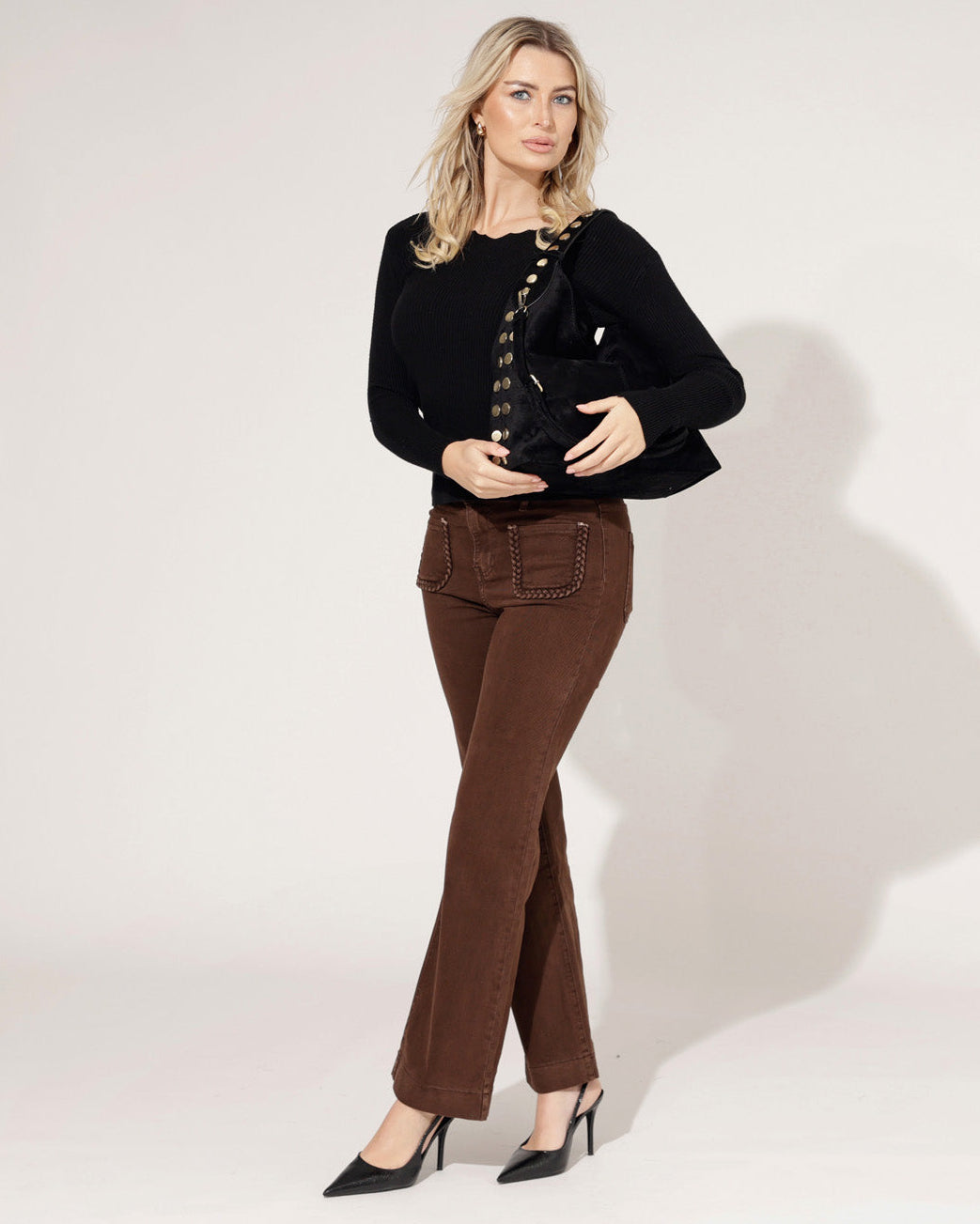 Folyrose wide leg jeans bruin dames met vlecht detail voorkant 2