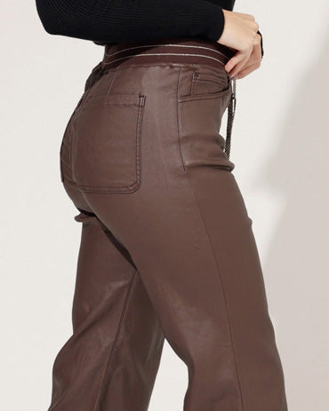 ZAC & ZOE | Coated wide leg broek Macey-C-1 Donkerbruin