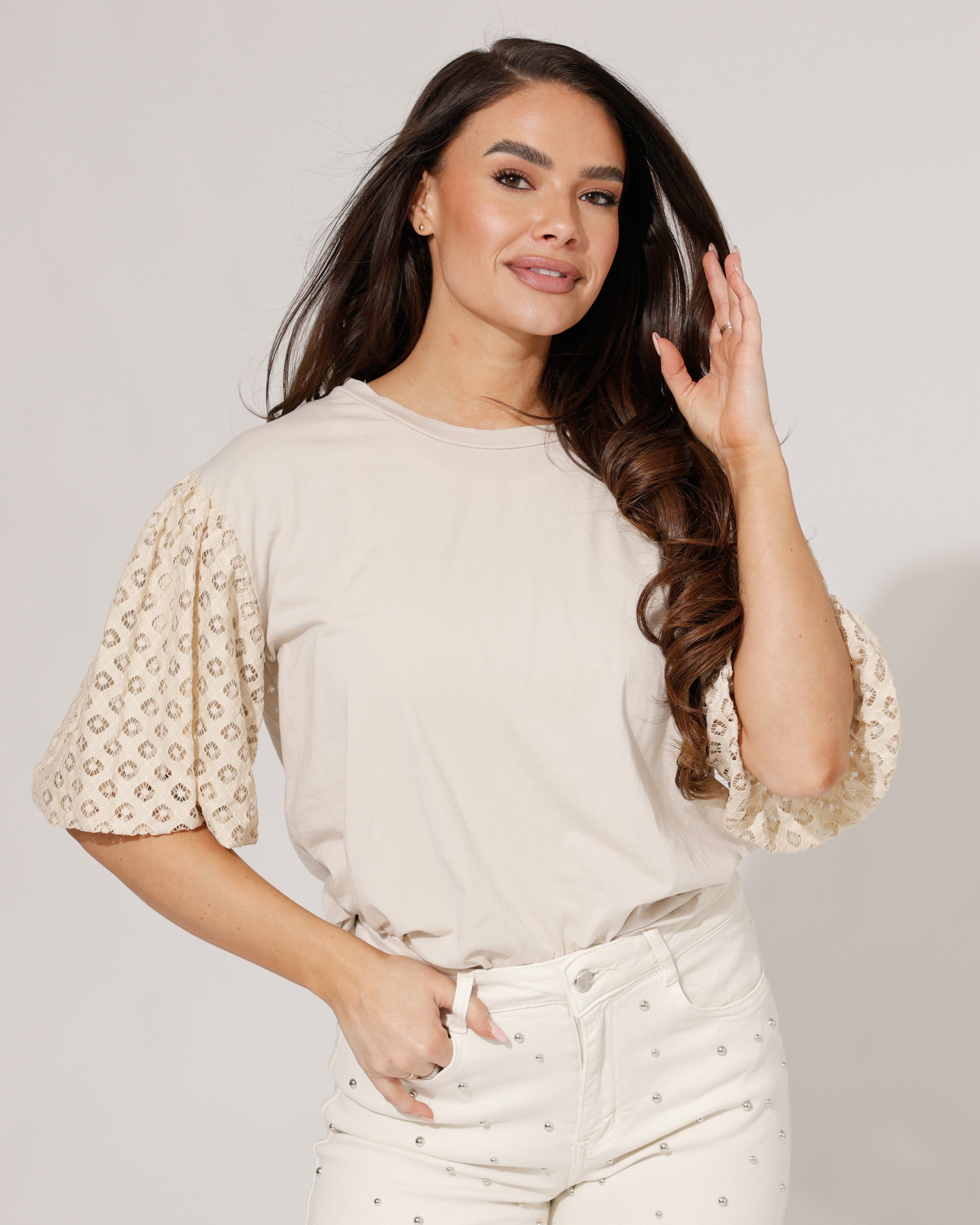 Top met korte mouw kant Bella Beige